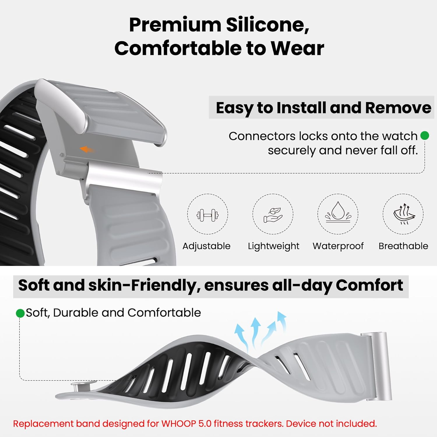 mimo Upgrade Durable Premium Silicone Sport Band for Whoop 5.0 Strap Men Women, Adjustable Waterproof Replacement Strap, Wristbands Straps for Whoop 5.0 Silicone Bands- Not Compatible with Gen 4
