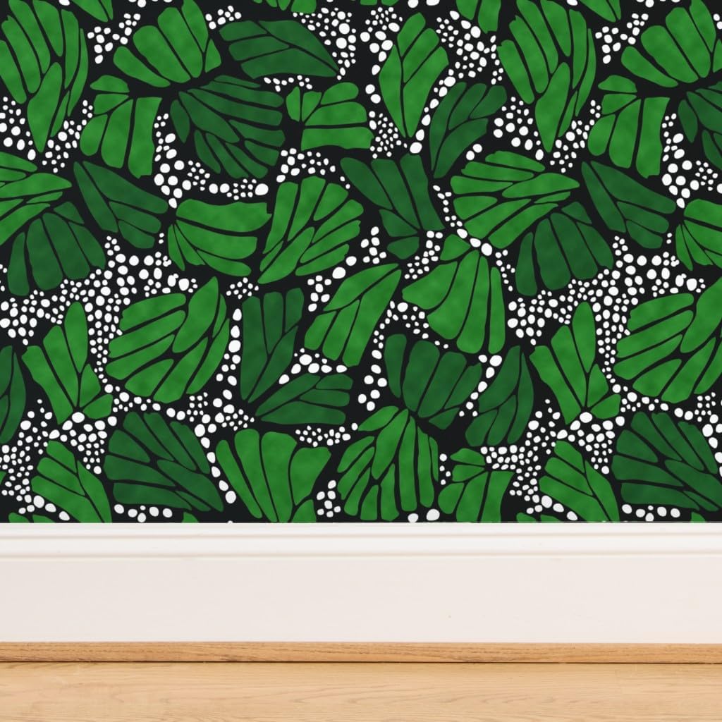 Commercial Grade Wallpaper 27ft x 2ft - Black Green Monarch Butterfly Nature Leaves White Traditional Wallpaper by Spoonflower