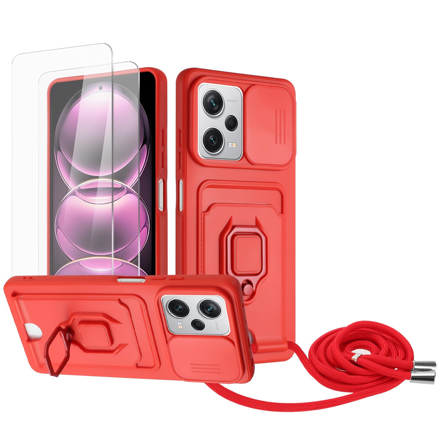 Zallagre Funda con Cuerda Compatible con Redmi Note 13 Pro 5G,[2 Packs Cristal Templado],Ranura para Tarjetas,Cubierta de Cámara Deslizante Proteger,360 Anillo Soporte-Morado — view 28