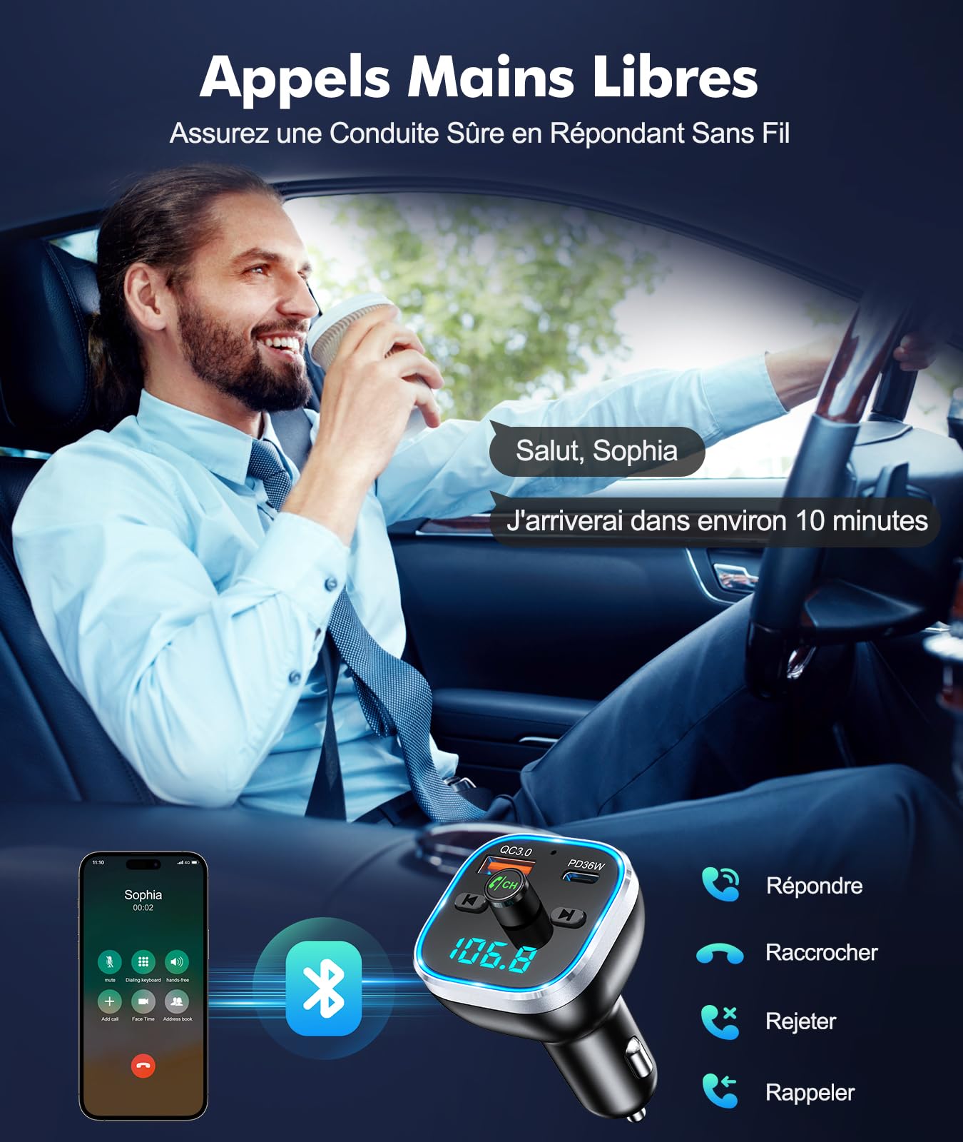 Mohard Transmetteur FM Bluetooth 5.3, 54W [PD+QC 3.0] Adaptateur Bluetooth Voiture Allume Cigare Charge Rapide, Appels Mains Libres & 7 Couleurs Rétroéclairage, HiFi Musique Emetteur Bluetooth Voiture
