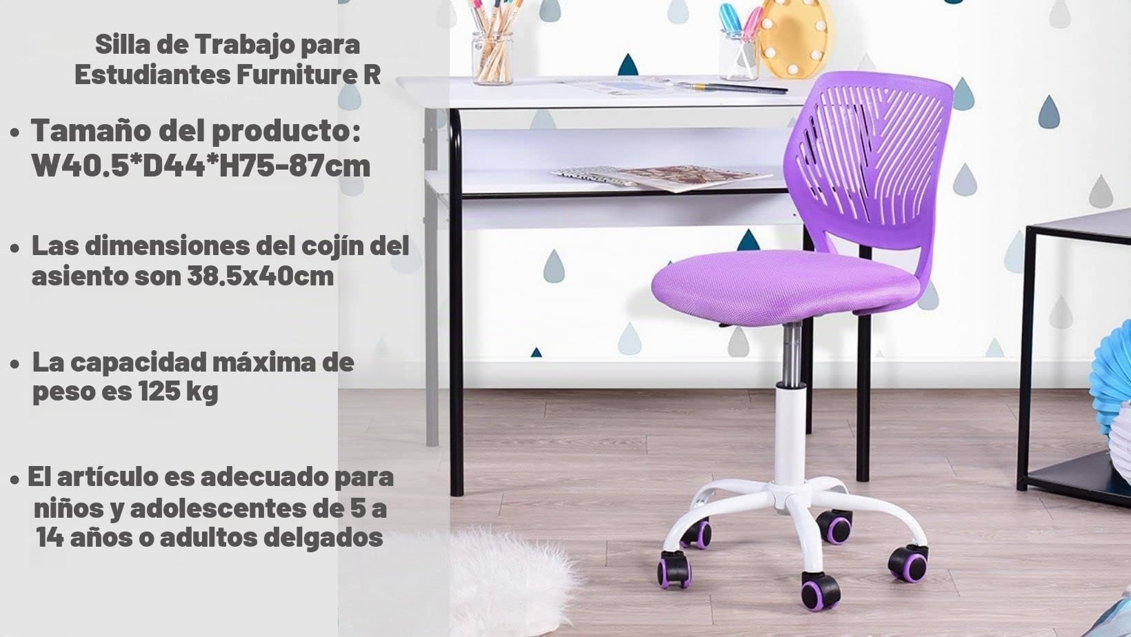 Silla de escritorio, ajustable, de estudio, de ordenador, con asiento de tejido, giratoria, sin brazos, morada