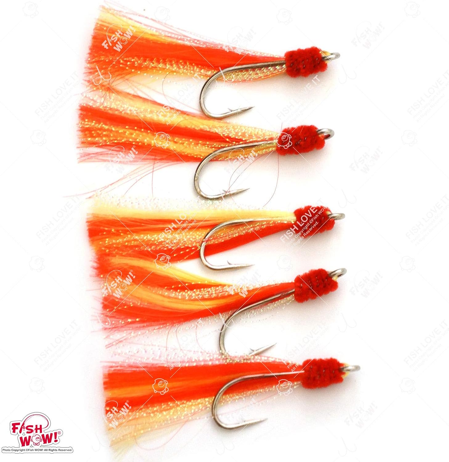50 Pieces 7/0 Shrimp Flying Hooks with red Yellow Krystal Flash