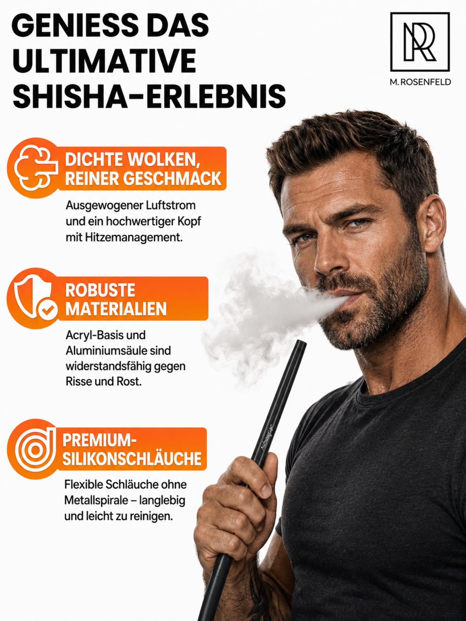 M. ROSENFELD Shisha Set Komplett To Go mit Tasche & Premium Zubehör – Kopf Set mit HMD, Mundstück, Aluminium Tauchrohr, Diffusor & Acryl Bowl Schwarz