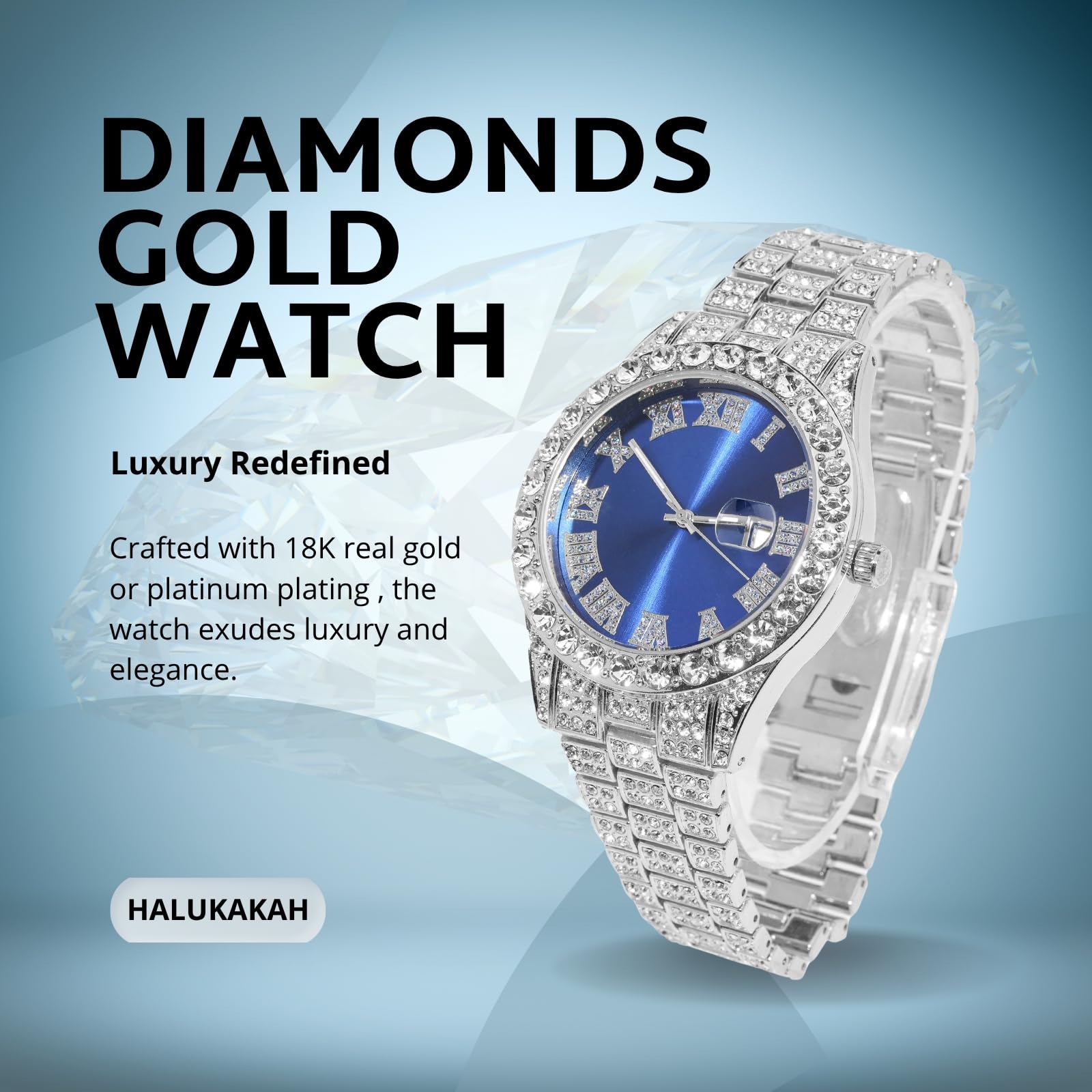 Halukakah Diamanten Gold Uhr für Jungen - 18K Echtgold/Platin Platiniert,42mm Blaues/Grünes/Rotes Zifferblatt,Japanisches Quarzwerk - 20cm Länge- Optional mit Cuban Gliederkette,mit Anpassungswerkzeug
