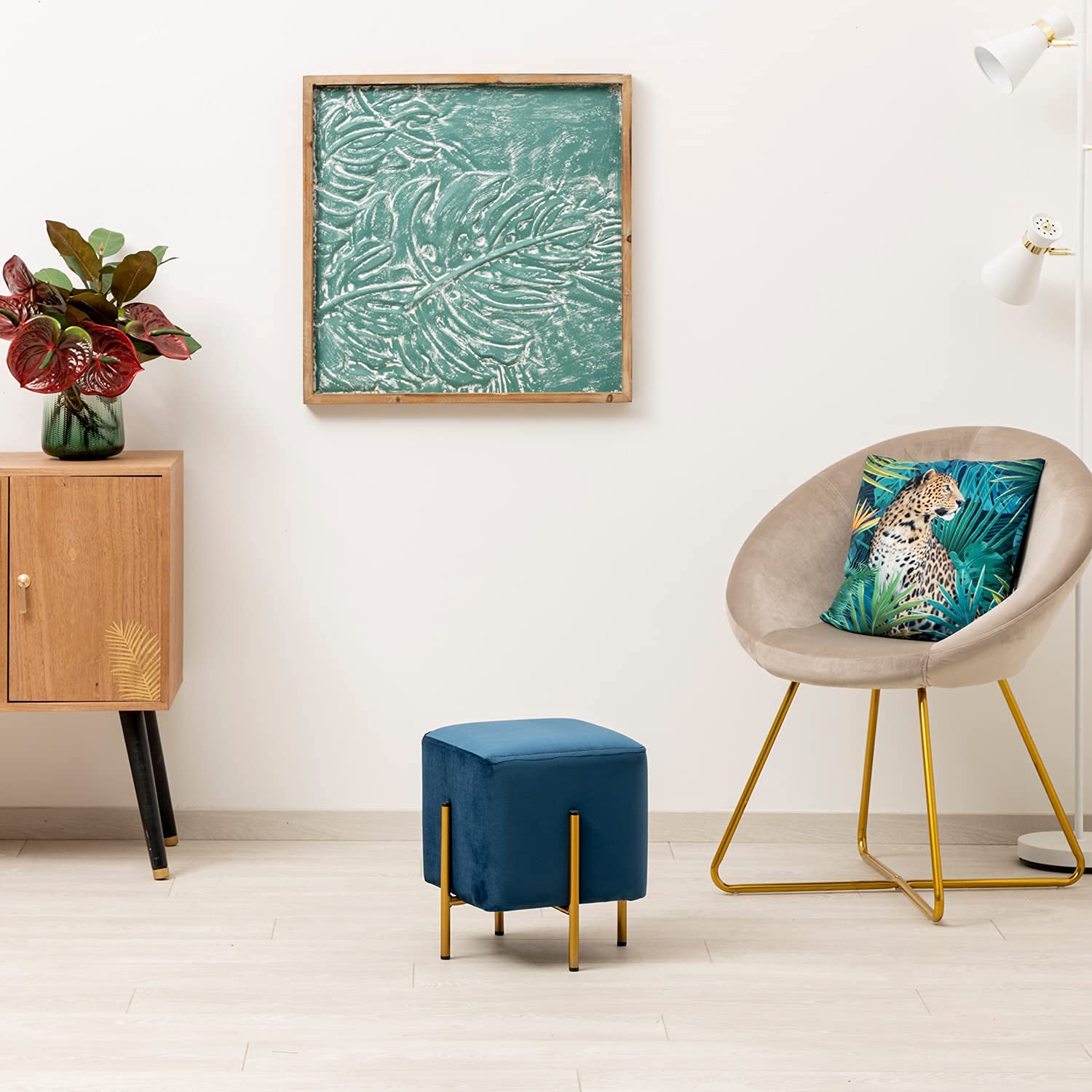 Baroni Home Pouf Poggiapiedi Quadrato in Velluto, Pouf da Salotto Imbottito, Pouf Panchetto per Camera da Letto, Blu, 33x33x38 cm