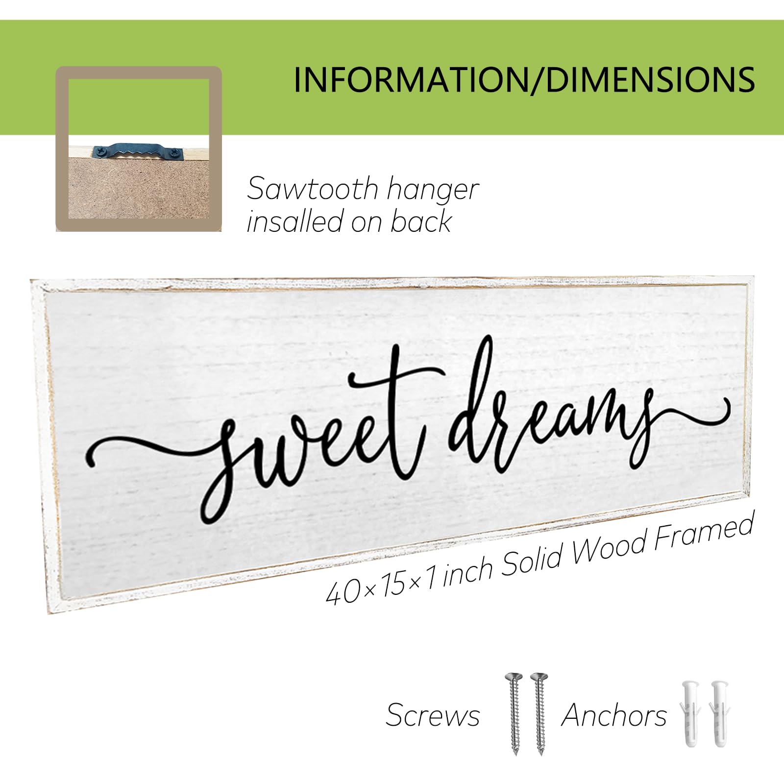 Sweet Dreams Wall Decor Above Bed Sign 40''×15'' Large Wood Framed Master Bedroom Guest Room Sweet Dreams Signs Farmhouse Rustic Wall Art Decoration (White)