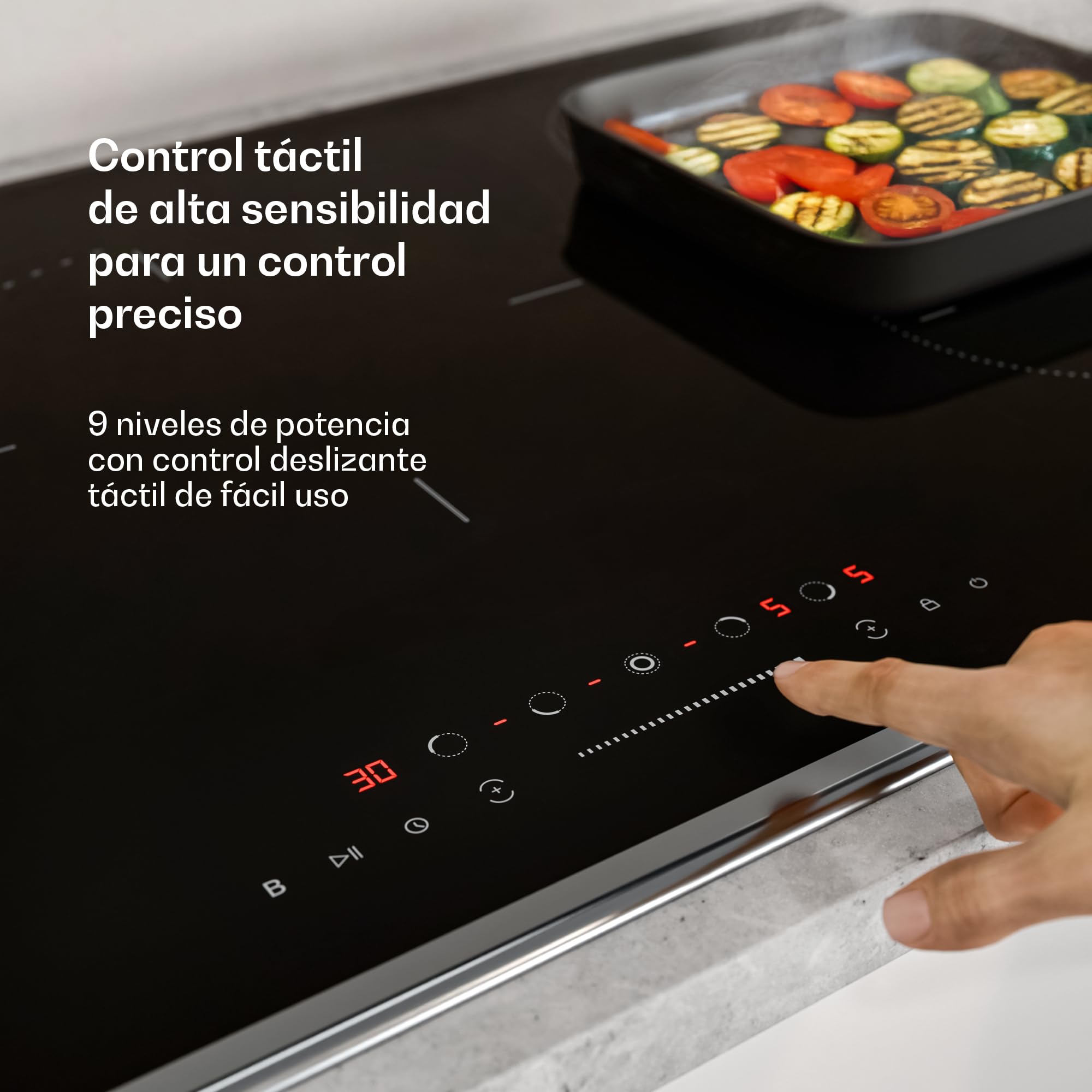 Klarstein Verosteel Placa Inducción 90cm - 5 Zonas, 12200W Boost, Control Táctil, Temporizador, Bloqueo Infantil, Indicador Calor Residual, Cocina Inducción, Vidrio Negro