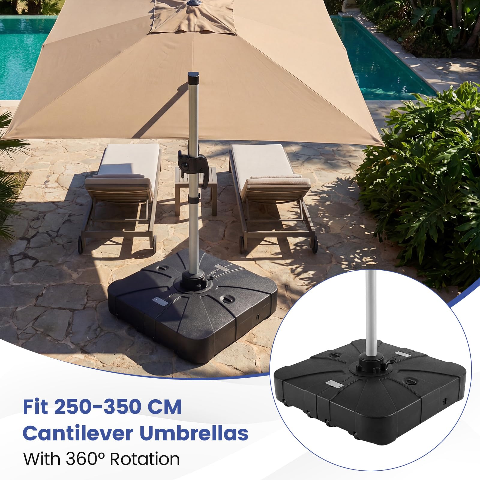 FANTASK Pied de Parasol à roulettes, 130 kg, Rechargeable, Pied de Parasol à roulettes, pour Grands parasols déportés, pour Jardin, terrasse, 170 kg
