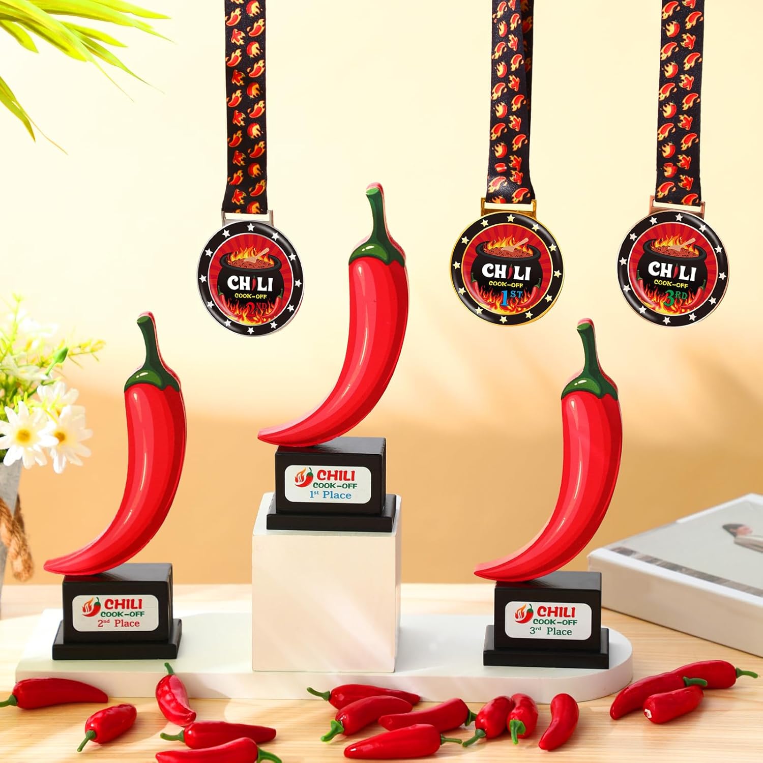 Misdary 6 Pcs Chili Cook Off Prizes Set Chili Trophies and Chili Cook Off Medals Chili Cook Off Decorations Available 1st 2nd 3rd Place Trophy Set for Chili Cook Off Gifts Supplies Events