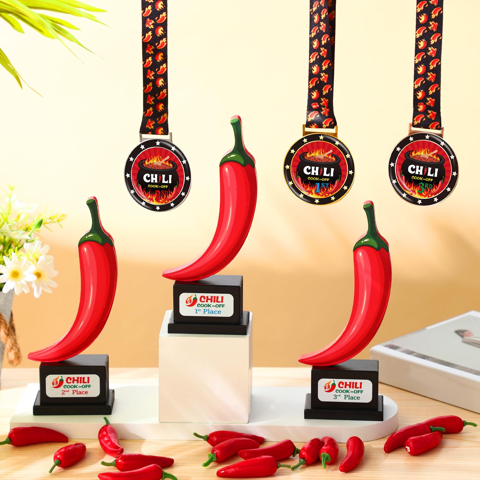 Misdary Juego de 6 piezas de premios de chile y trofeos de chile y medallas de chile, decoraciones disponibles para el primer segundo y tercer lugar, juego de trofeos para cocinar chile, regalos,