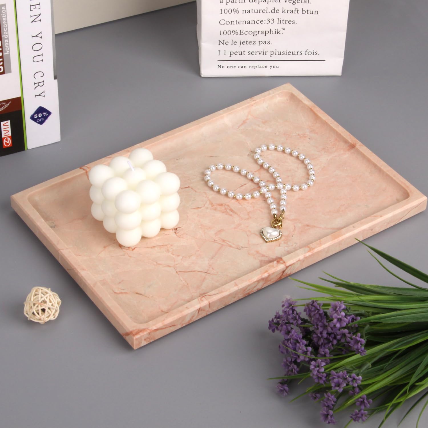 Marble Bathroom Vanity Tray, Natural Marble Home Kitchen Bathroom Table Tray, Stone Decorative Countertop Serving Trays for Coffee Perfume Jewelry Makeup (1, Pink, 12 * 8 * 0.8)