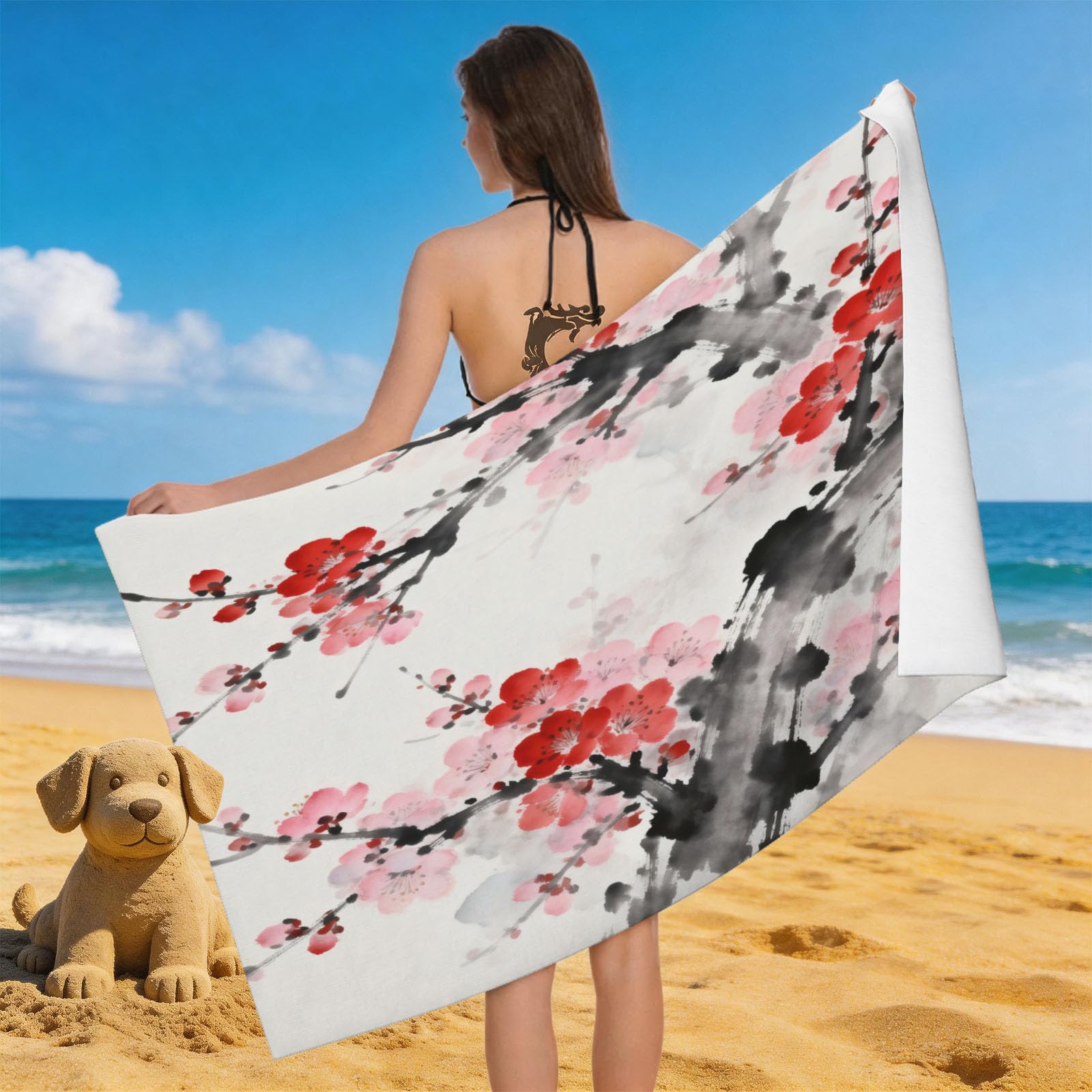 Leichong Men's Red 3D Plum Blossom Beach Towel Microfiber Soft Quick Dry For Adults, Zen Bath Towel Lightweight Soft Absorbent For Travel Swimming Pool Sports, 75 X 150 Cm