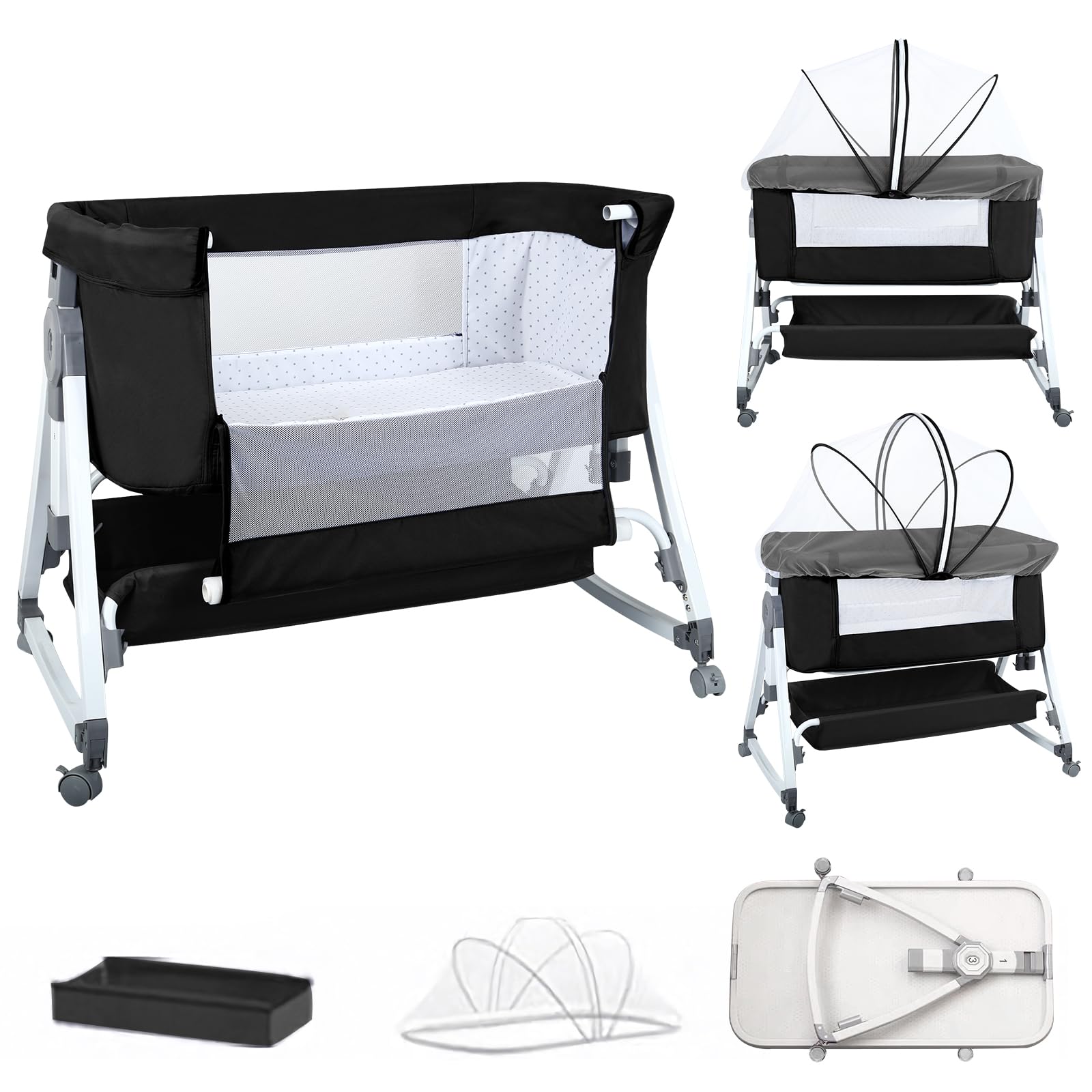 homewell 2 in 1 Beistellbett Baby & Babywiege mit Moskitonetz, Stubenwagen Baby Faltbar, 6 Fach Höhenverstellung und Neigungsverstellung, Seiten aus Netz, für Zuhause und Unterwegs (Schwarz)