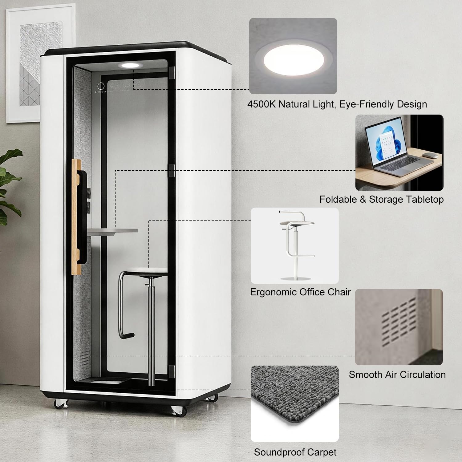 Soundproof Office Pod Booth, Quiet Meeting Pod with Acoustic Panels, Portable Modular Pod, Privacy Booth for Private Phone Calling Mobile Roller with Desk, LED Light, Fans and AC USB Ports