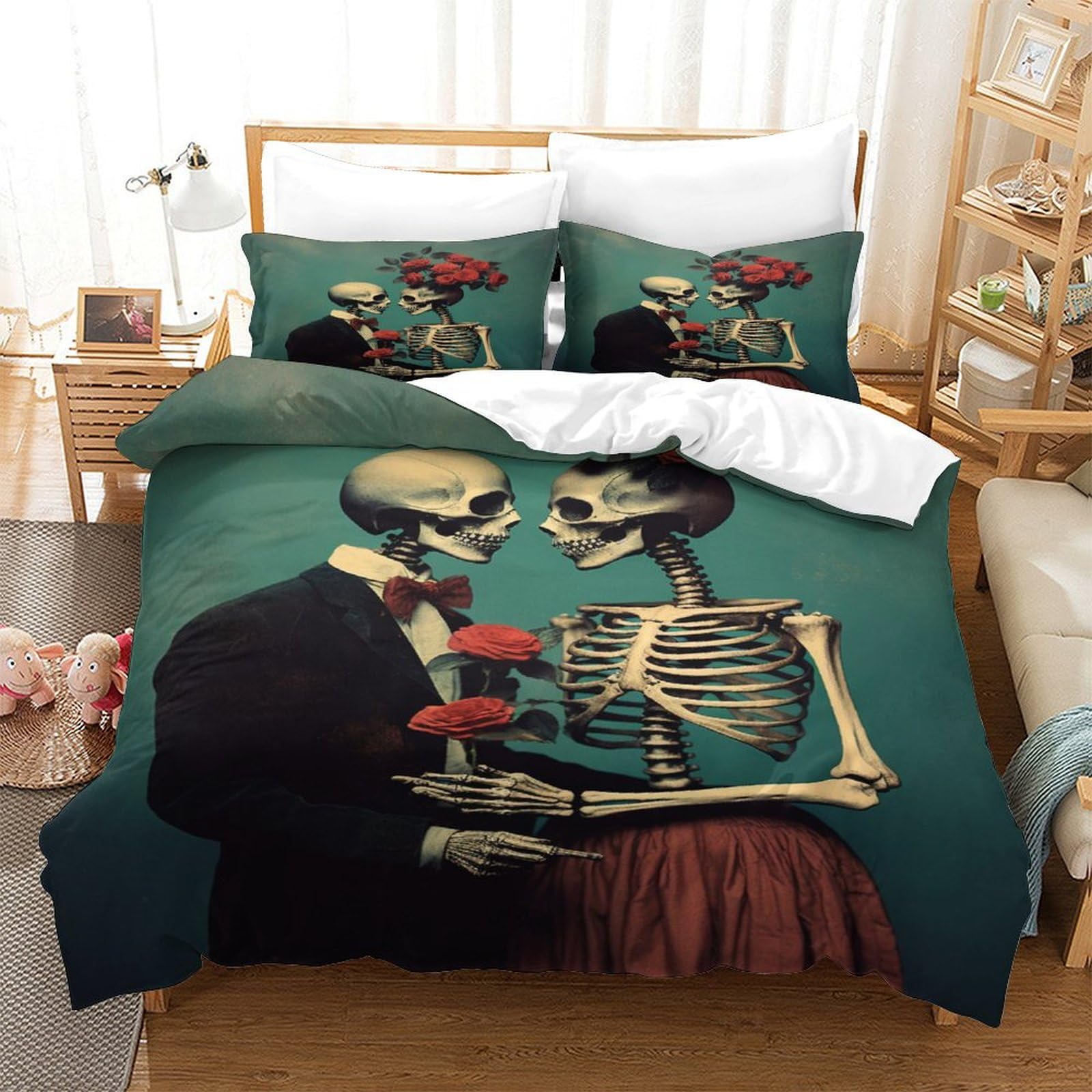 P1S9U7W5Y Retro Couple Skeleton 3D Printed Duvet Cover Set 3pcs Microfiber Romantic Bedding Set Double