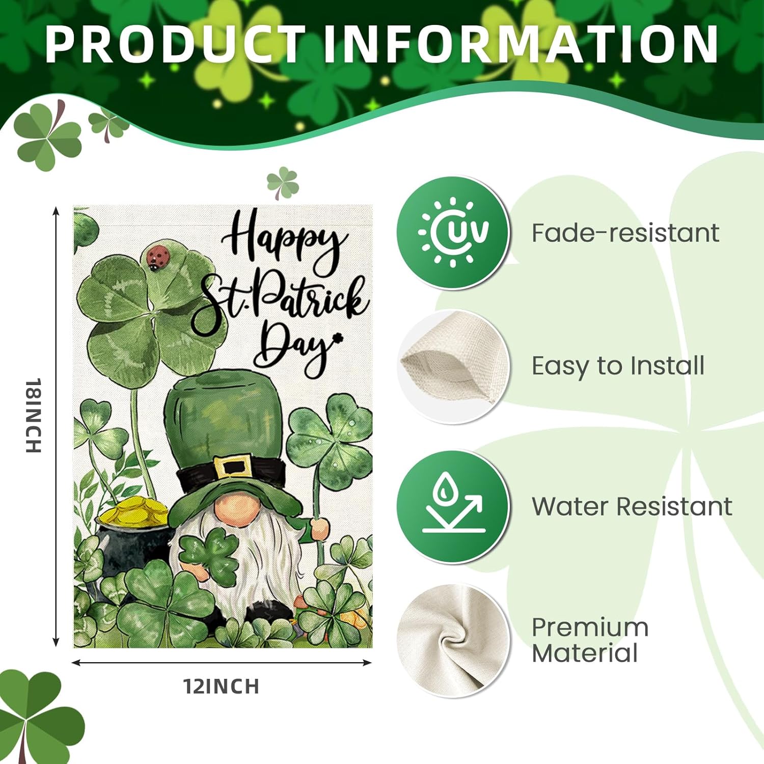 Happy St Patricks Day Garden Flags for Outside, Irish Gnome with Lucky Shamrocks Small Seasonal Decoration for Holiday Anniversary Yard Outdoor Decor 12x18 Inch Double Sided - Image 6