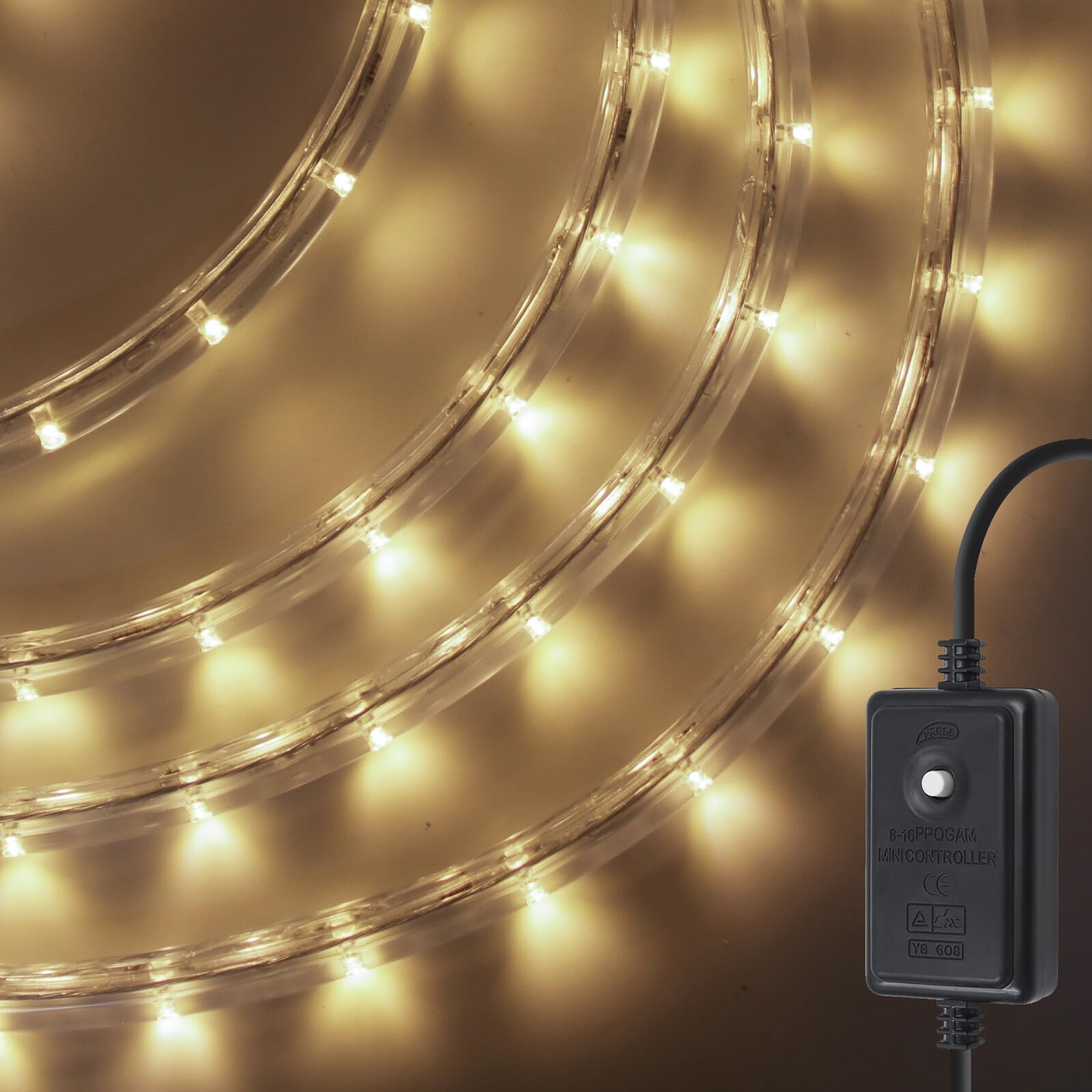 GQL Flexible LED Round Strip Lights with Manual Controller, 220V UK Plug-in, 8 Lighting Modes, IP67 Waterproof Rope Light for Outdoor Garden Wedding Party Decor (16m, Warm White)