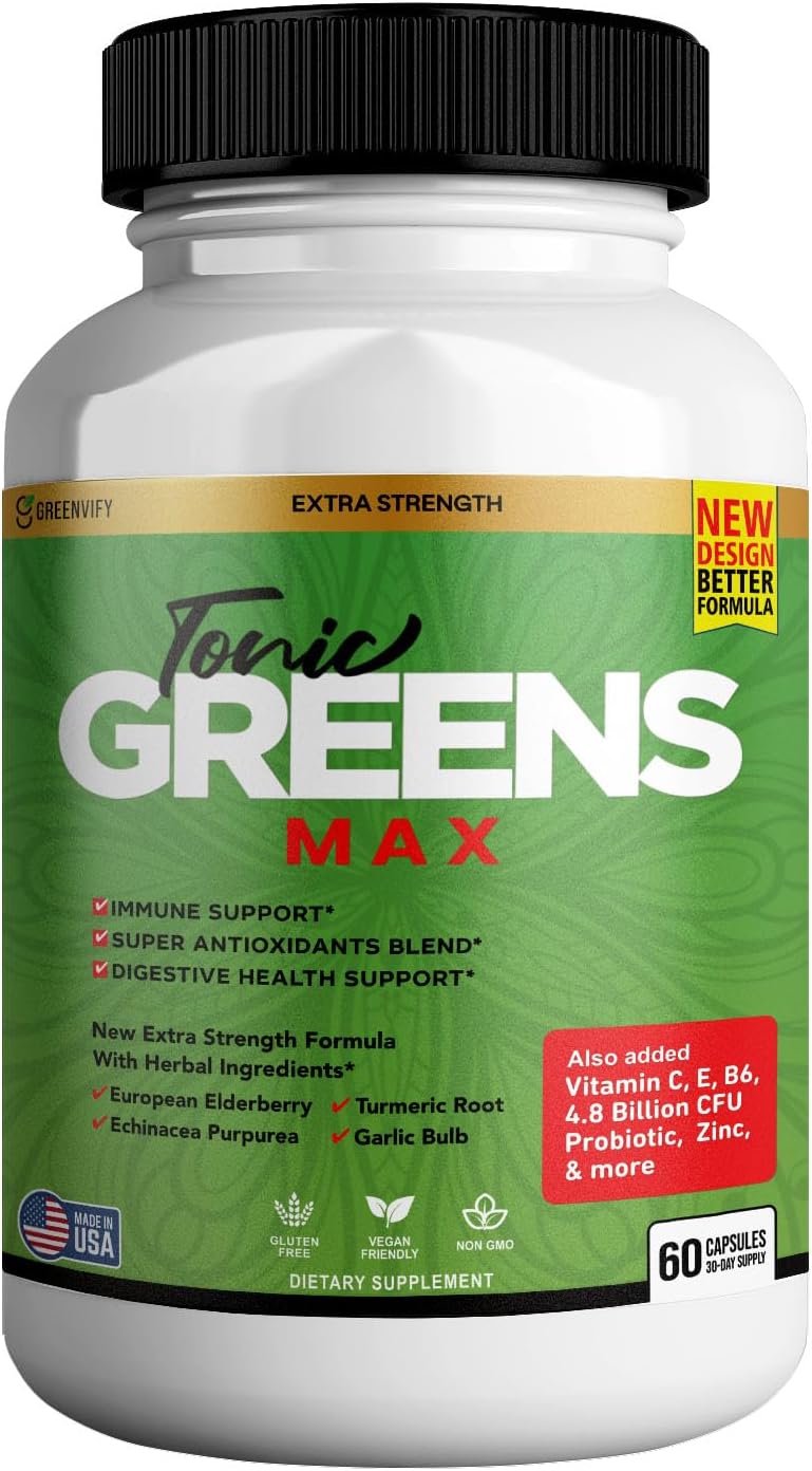Tonic Greens Max, Extra Strength Immune Support Supplement, 60 Capsules, with Elderberry, Turmeric, Probiotics (1)