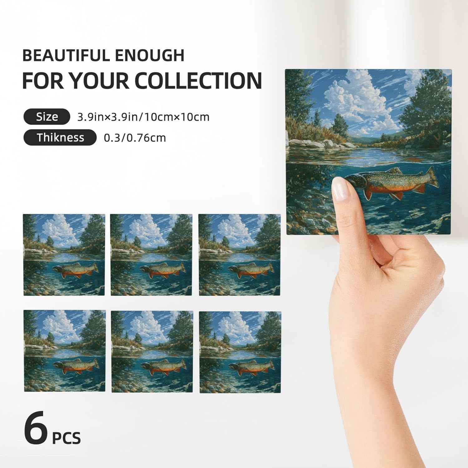 (Brook Trout Fly Fishing) Ceramic Coasters Set of 6 with Holder Non-Slip Square Coffee Coasters for for Cup Mug Drink Patio Coffee Table Decor, Christmas Coasters Home Bar Supplies