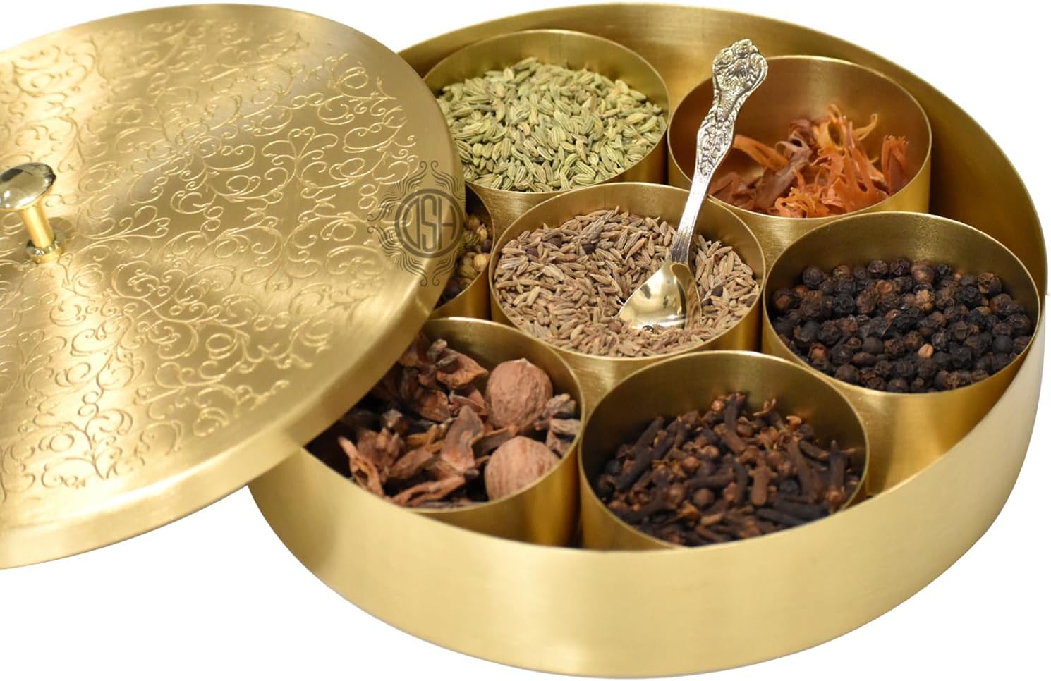 DSH CRAFTING YOUR CURIOSITY Pure Brass Spice Box (Masala Dani) Set With 1 Spoon And 7 Containers For Kitchen Floral Design Gold Colour. (8 Inch)