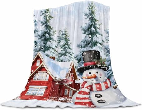 Flannel Fleece Blankets,Xmas Snowman Pine Tree Farmhouse Soft Cozy Warm Fuzzy Throw Blanket,Winter Snowflakes Blue Ombre All Seasons Use Plush Lightweight Throws for Sofa Couch Bed Travel,50x60in