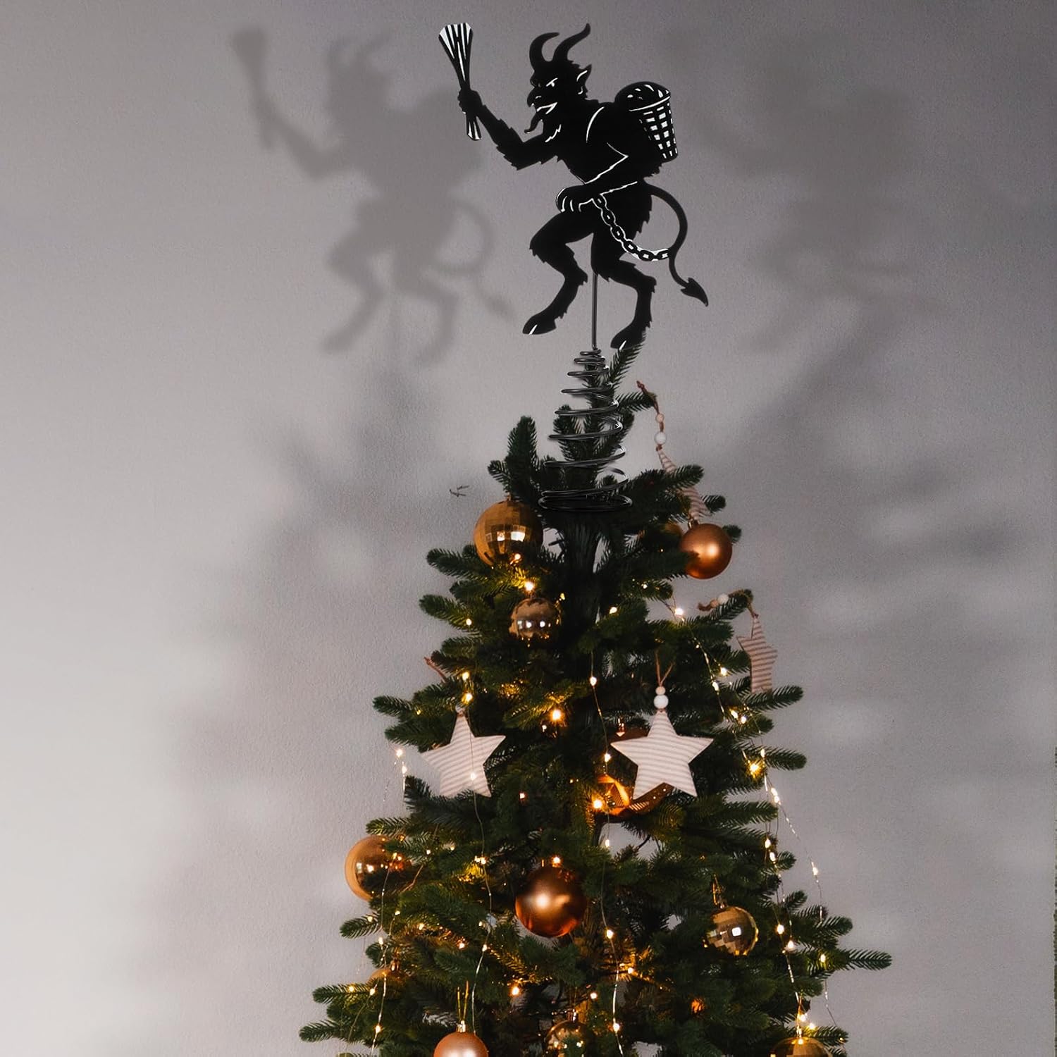 Soulchen 7.9 x 6 Inches Krampus Christmas Tree Topper Metal Black Gothic Krampus Tree Topper Scary with Horns Chains Basket Creepy Folklore Decoration for Horror Ornaments Halloween Party