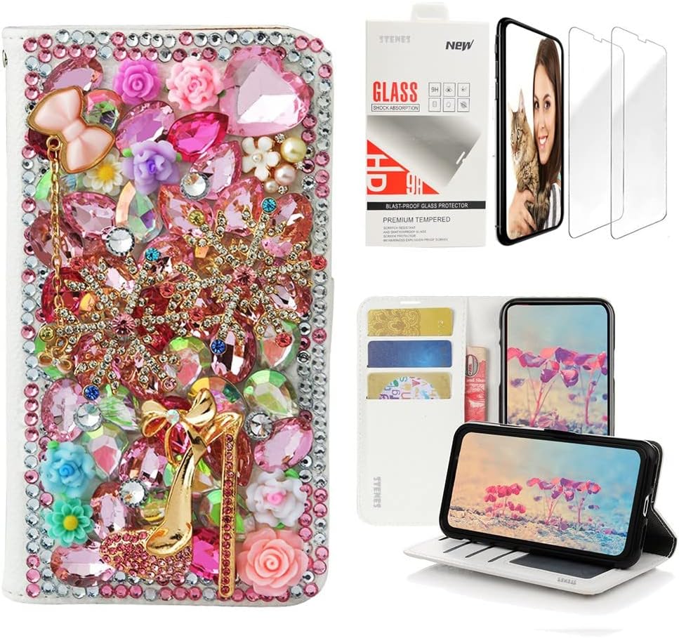STENES Bling Wallet Case Compatible with LG K30 - Stylish - 3D Handmade Rose Flowers Floral Butterfly Design Leather Case with Wrist Strap & Screen Protector [2 Pack] - Hot Pink