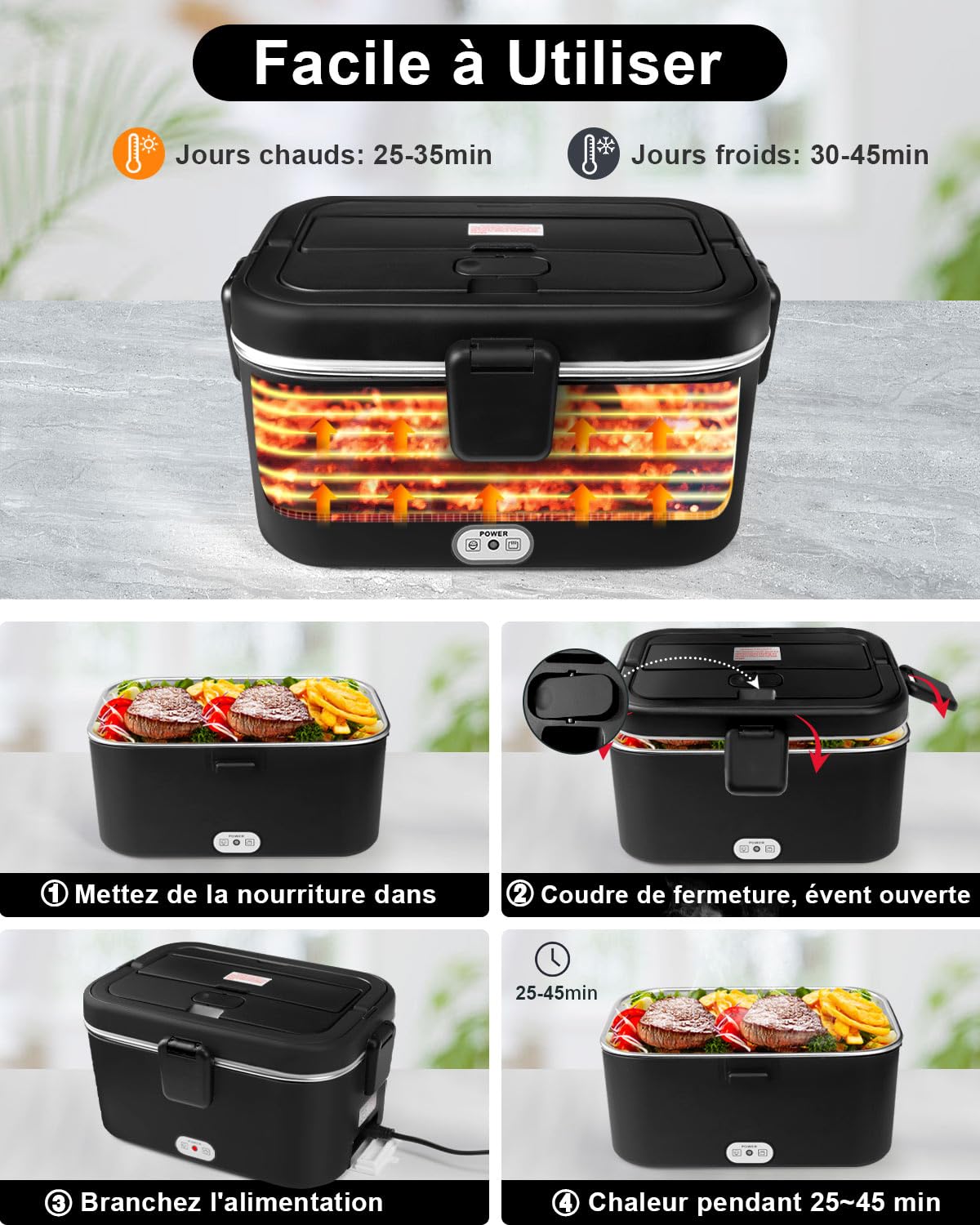 AUTOPkio Gamelle Chauffante 1,8L 80W, 12V 24V 220V Boîte à Lunch Electrique avec Sac Acier Inox Fourchette Cuillère pour Voiture Camion Bureau (Noir)