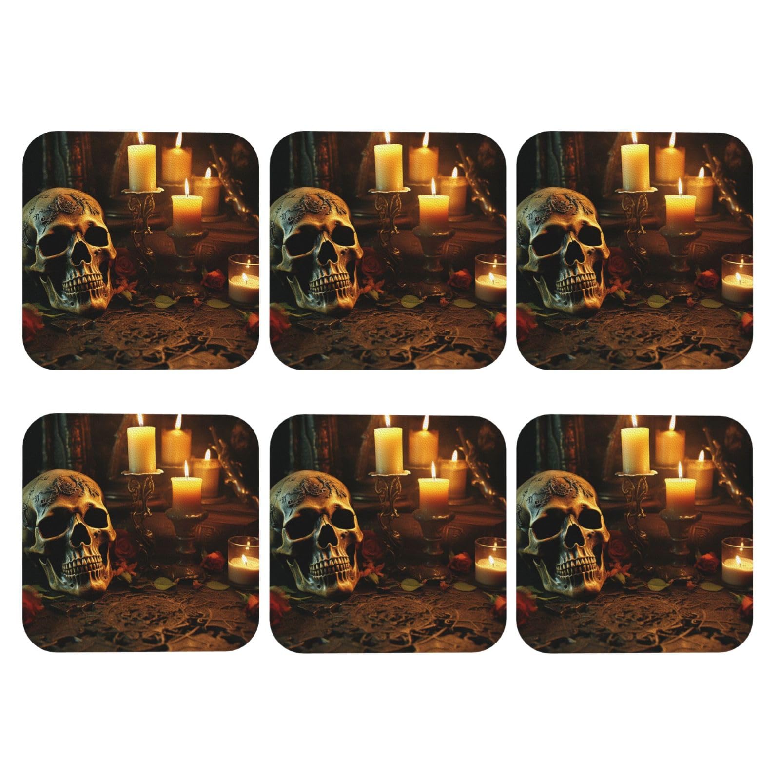 6Pcs PU Leather Coaster for Drinks, Candles and Scary Skull Cup Coastersr 4" Cup Mat Pad, Aesthetic Drink Coasters for Coffee Table, Square Coaster for Tabletop Protection