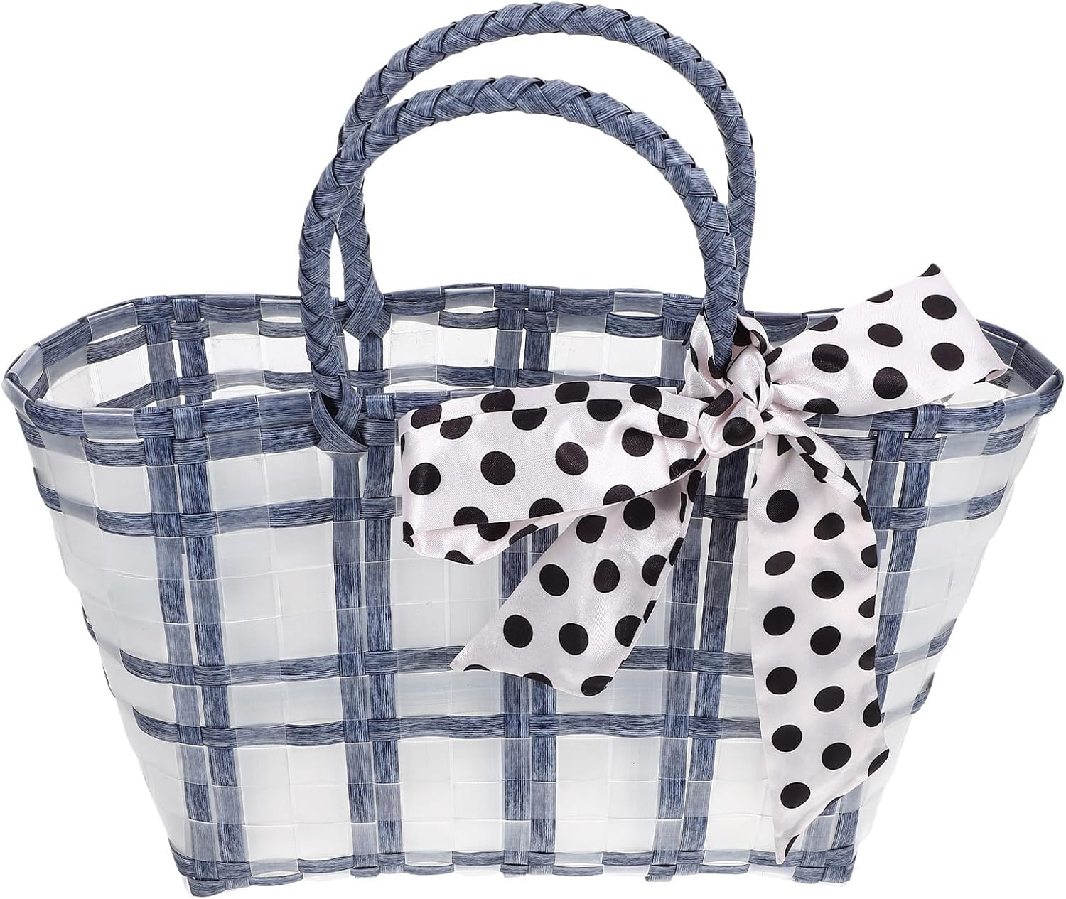 Lurrose Blue Waterproof Handwoven Plastic Beach Basket Large Capacity Tote | Cylindrical Shape, Portable Carry Design, Translucent Finish with Strong Structure and Reduced Shoulder Strain