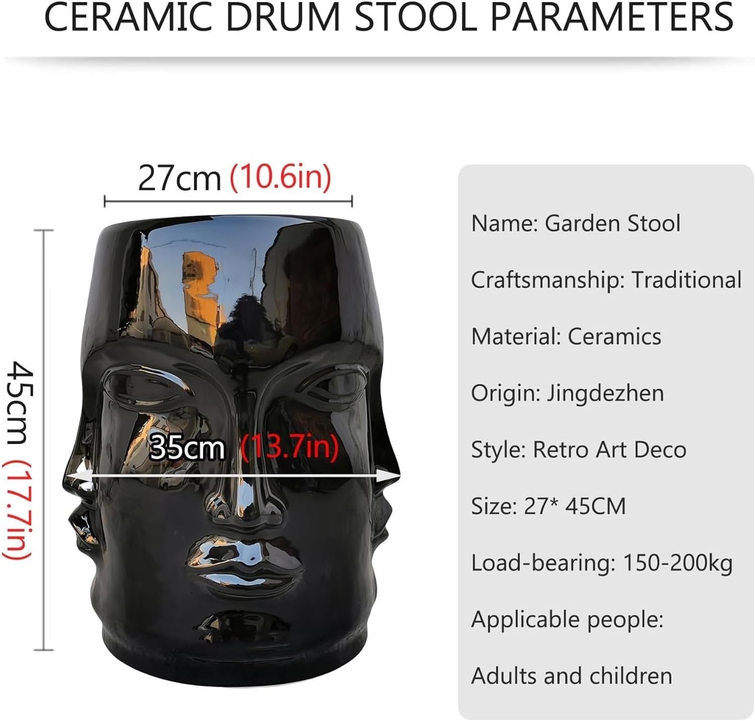 Garden Stool，Hollow Out Drum Stool， Chinese Ceramic Garden Stool Footrest Decorative Drum Stools for Patio Living Room Bathroom(Black)