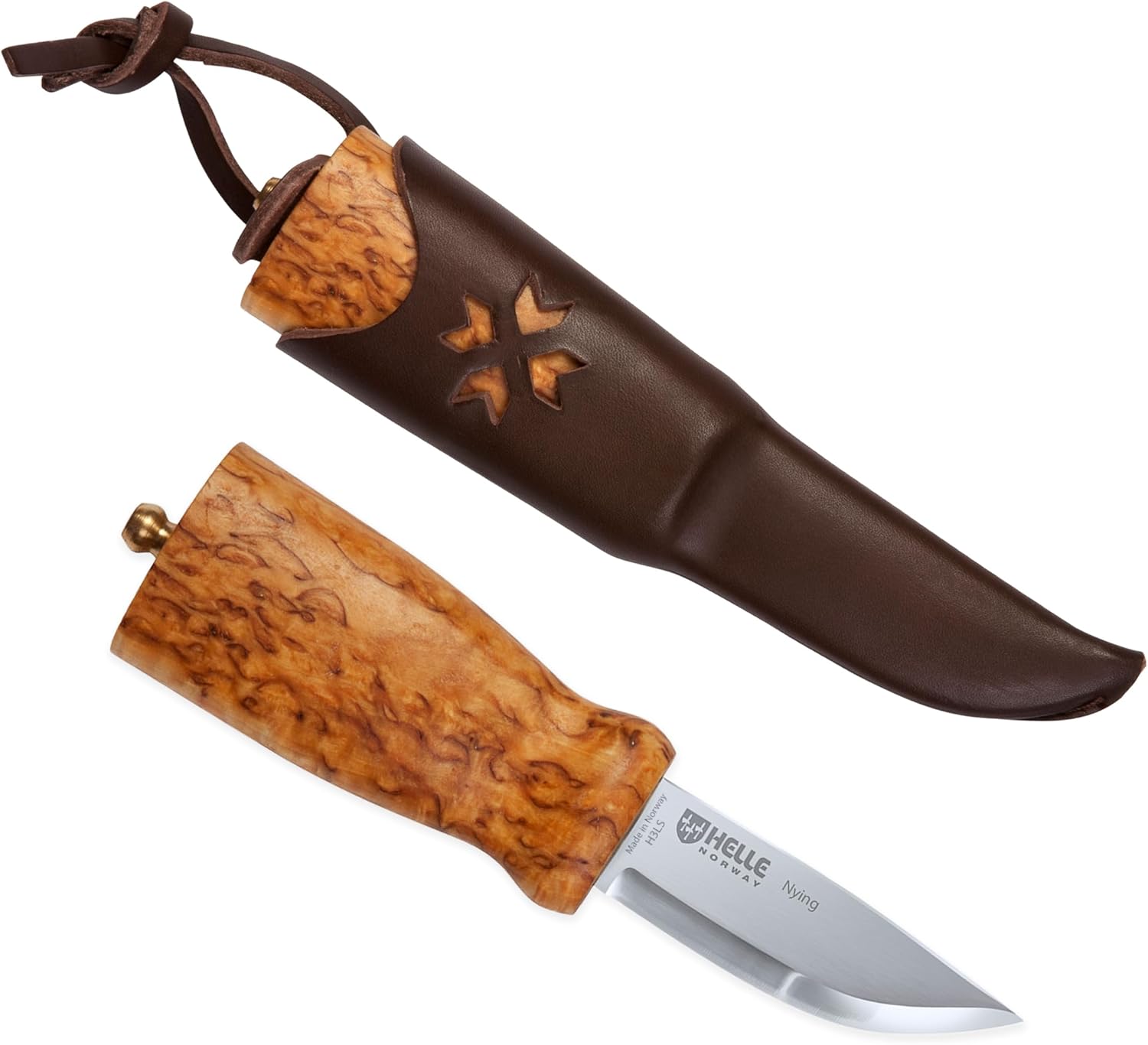 HELLE Nying - Outdoor Camping & Carving Knife, Stick Tang Stainless Steel Fixed Blade with Sheath, Curly Birch Handle, Made in Norway