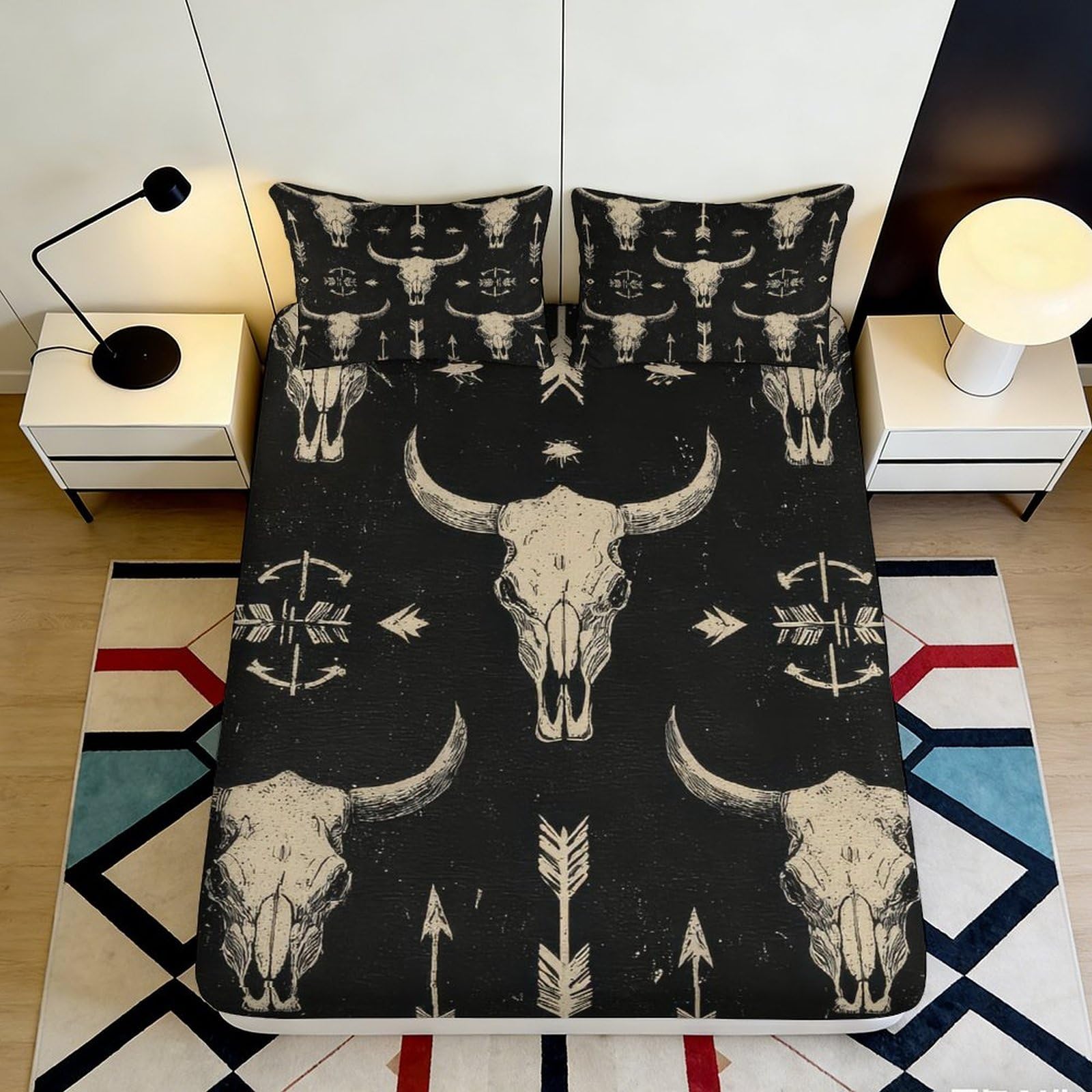 3D Printed Bull Skull Fitted Sheet Microfiber Soft Breathable Arrow Mattress Cover for Bedroom Dorm Decor 90x200x25cm