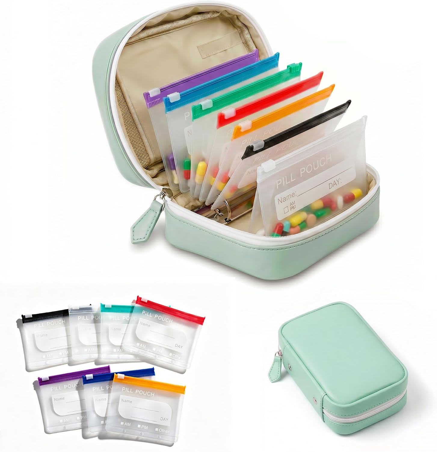 Mint Green Weekly Pill Organizer, Waterproof Travel Medicine Organizer with 7 Color Pouches, Pastilleros para Medicamentos, Portable Travel Pill Organizer for Daily & Trip Use