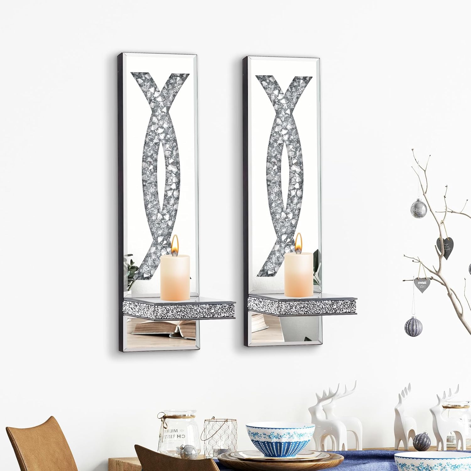 Crystal Crushed Diamond Mirrored Candle Sconces Set of 2 Silver Glass Wall Candle Holder Bling Wall Decorations for Home Decor Living Room Dining Room Bedroom