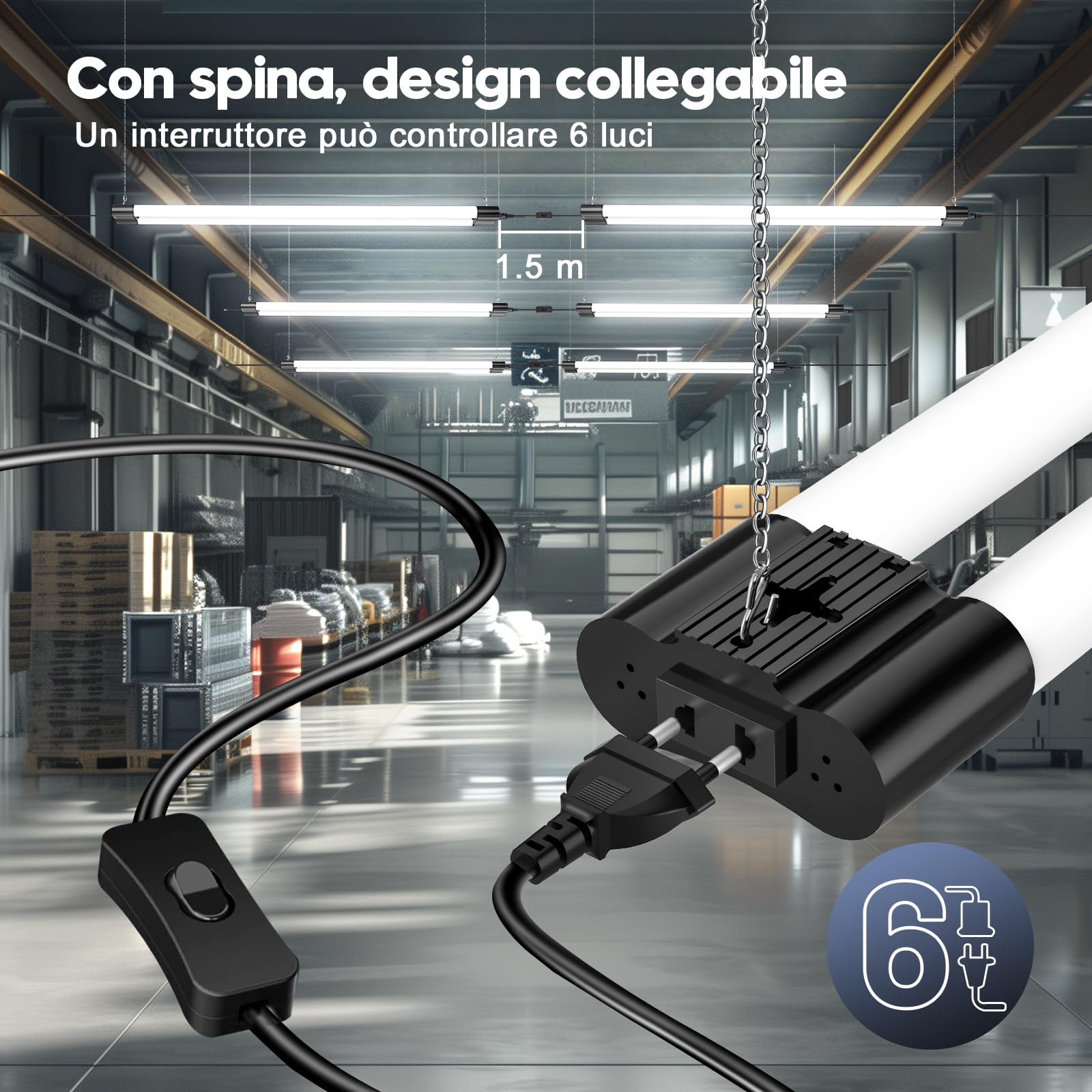 Sararoom Tubo Neon LED 115CM 40W Plafoniera Led Soffitto, 4400LM T8 Barra Led 6500K Bianca Fredda Collegabili Tubolare Sottopensile Luce con Spina, IP20 Lampada per Garage Officina Ufficio Cucina,8Pc