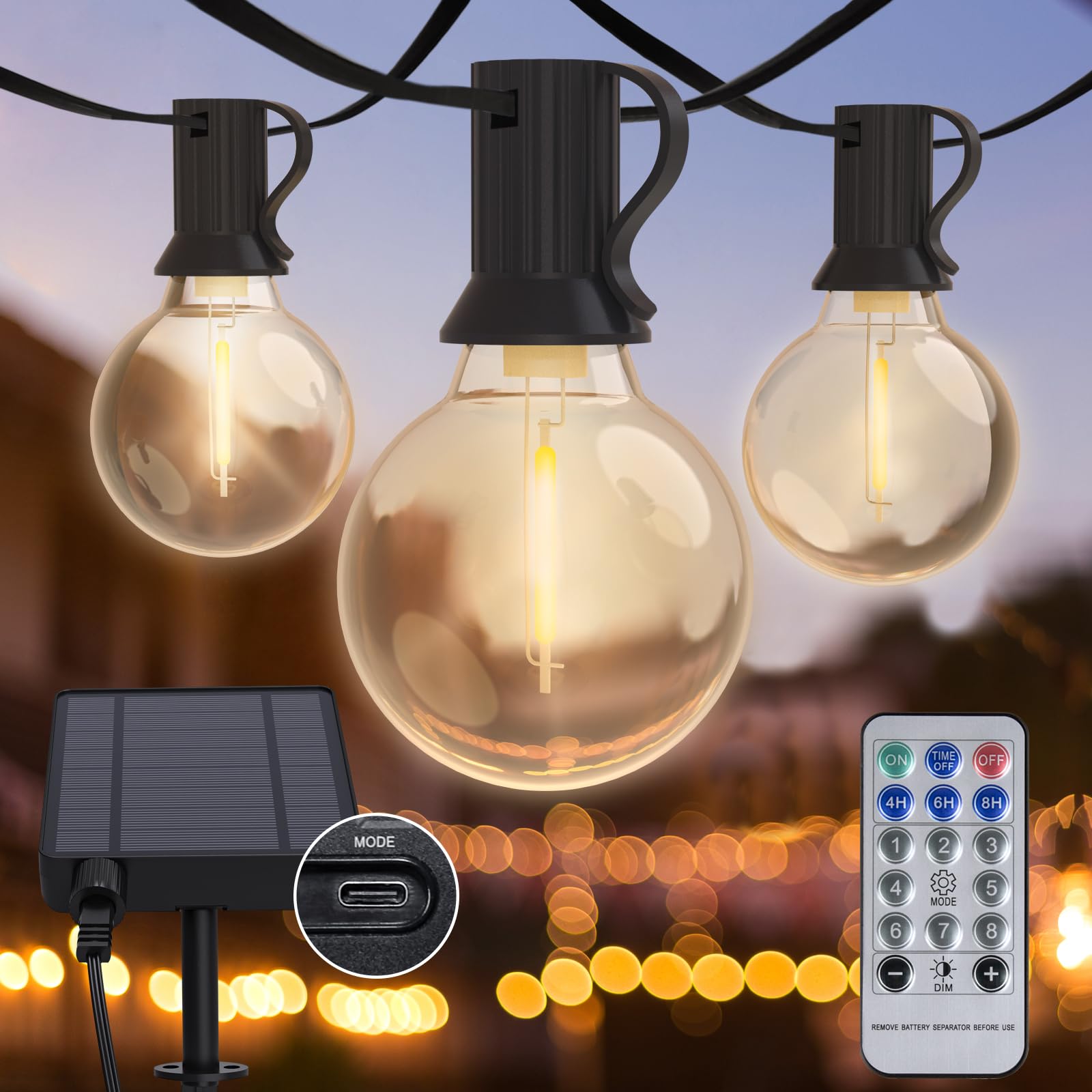 Guirnaldas Luces Exterior Solar, Luces Solares LED Exterior Jardín, 18M 50+4 G40 LED, Luz Solar Exterior Jardín 8 Modes Blanco Cálido 2700K Ajustable, Cadena de Luces para Jardín, Patio, Fiesta