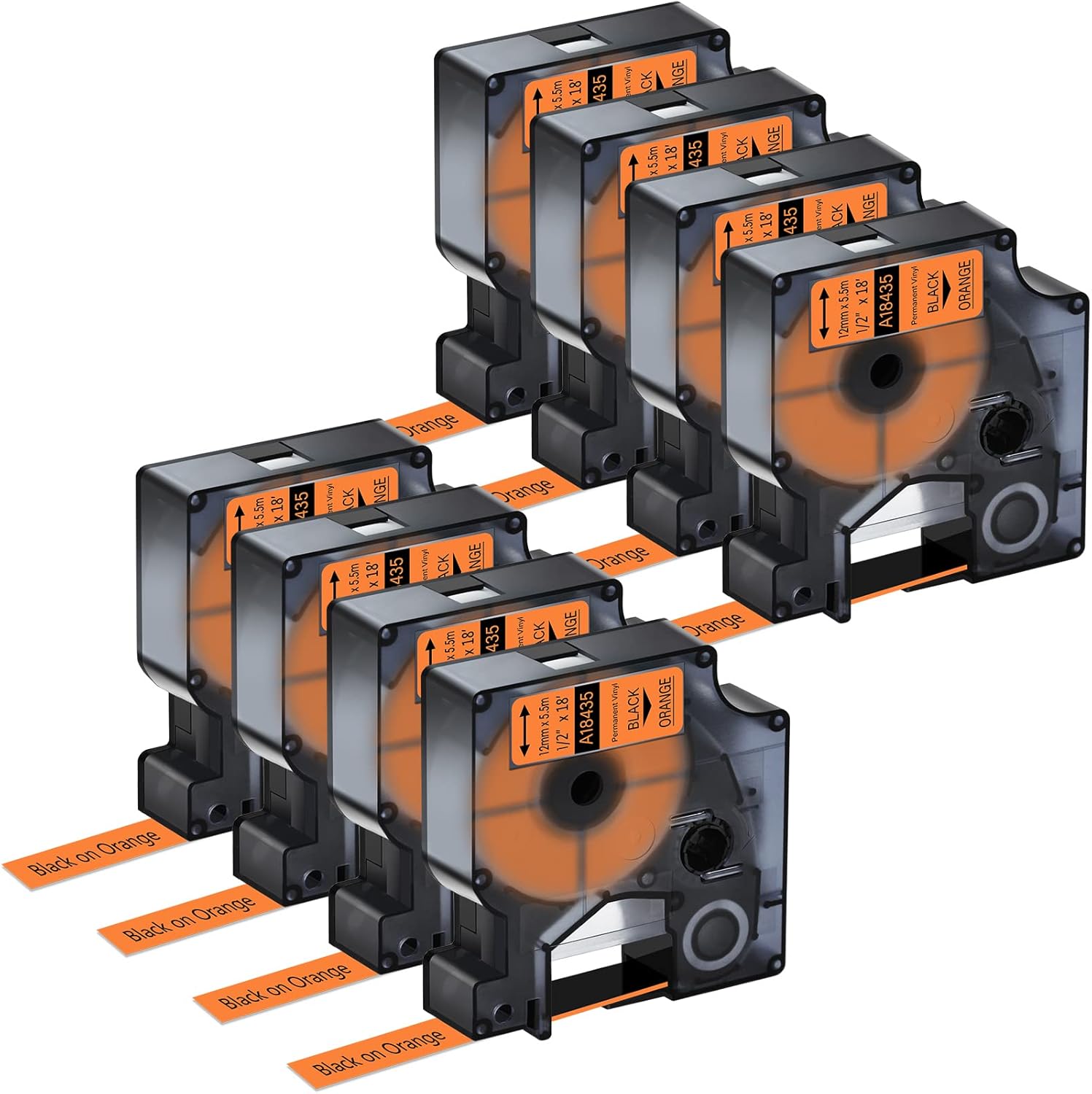 8 Pack Compatible for Dymo Rhino 18435 1/2" 12mm Black on Orange Vinyl Permanent Industrial Label Tape for Rhino 1000 3000 4200 5000 5200 6000 and 3M Label Maker