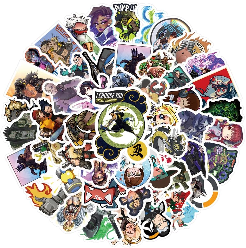 64 Pcs Overwatch Game Vinyl Waterproof Graffiti Stickers for Adults for Birthday Halloween Party Supplies Decoration for Helmet Laptop Water Bottles Suitcase