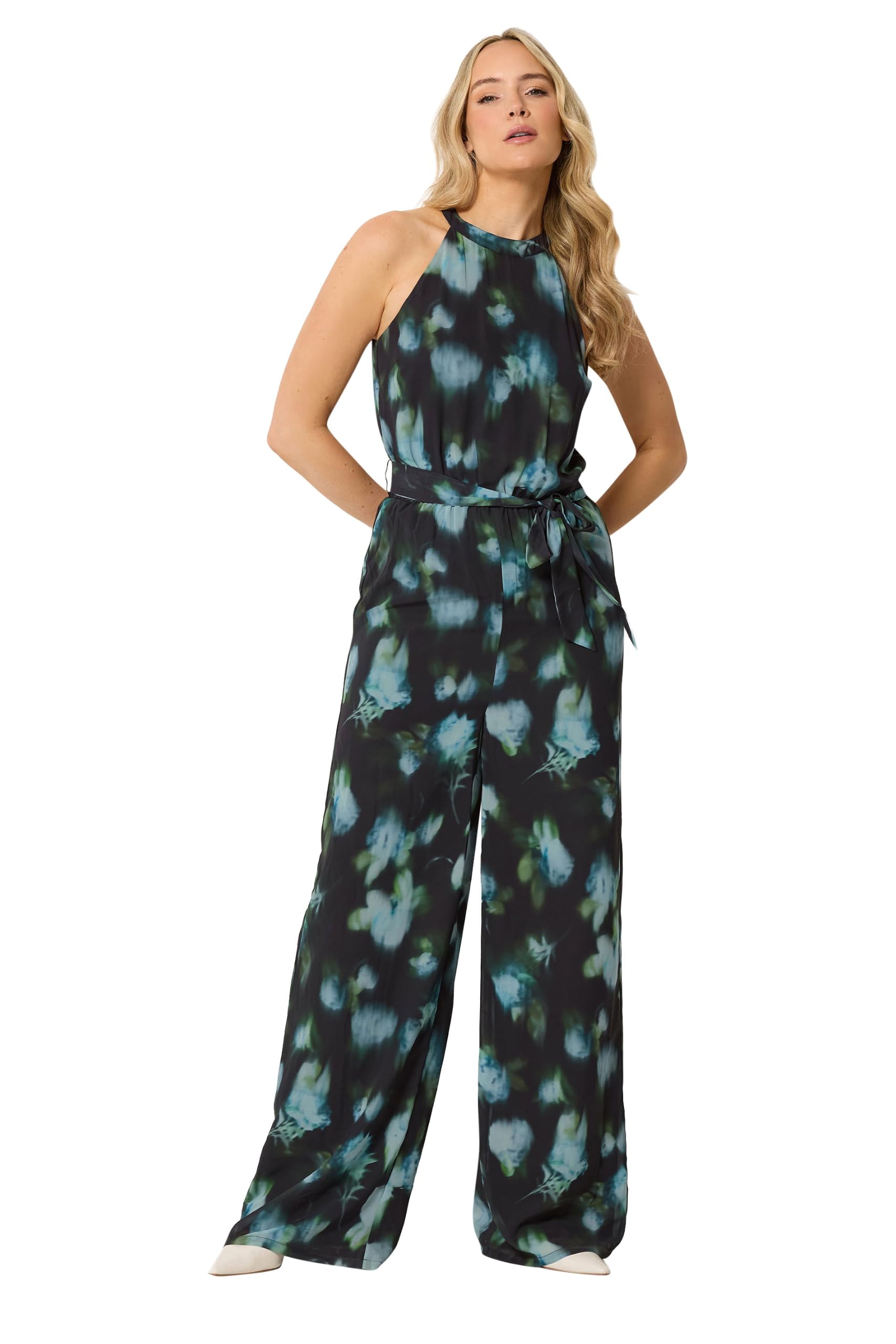 Long Tall Sally Women's Black Tall Floral Halterneck Jumpsuit In Size 14