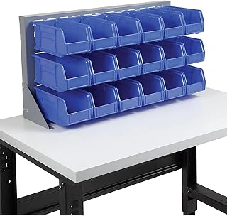 Global Industrial Louvered Bench Rack with (18) Blue Premium Stacking Bins, 36x15x20