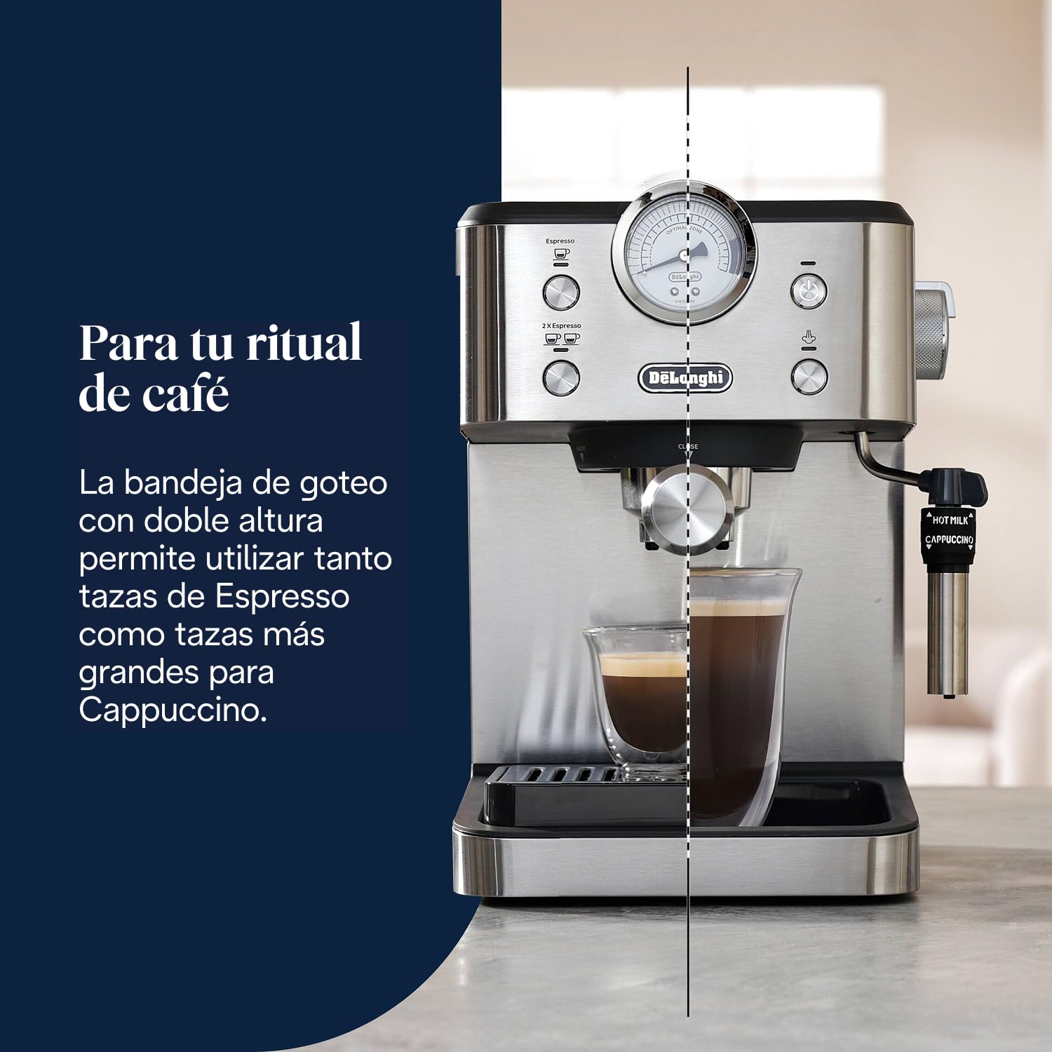 De'Longhi Classic EM450.M, Máquina Café Manual con Varilla Vapor, Máquina Espresso con Bomba Barista, Boquilla para Capuchino, Filtro Doble Pared, 15bar, Taza Hasta 13cm, Acero Inoxidable/Metal — view 6
