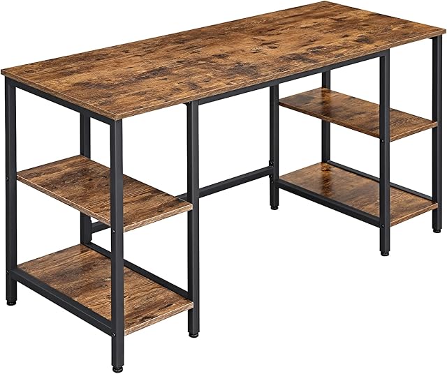 VASAGLE Computer Desk, 137 cm Writing Desk with Storage, 4 Shelves, Spacious Table Top, for Home Office, Industrial Style, Rustic Brown and Black LWD54X