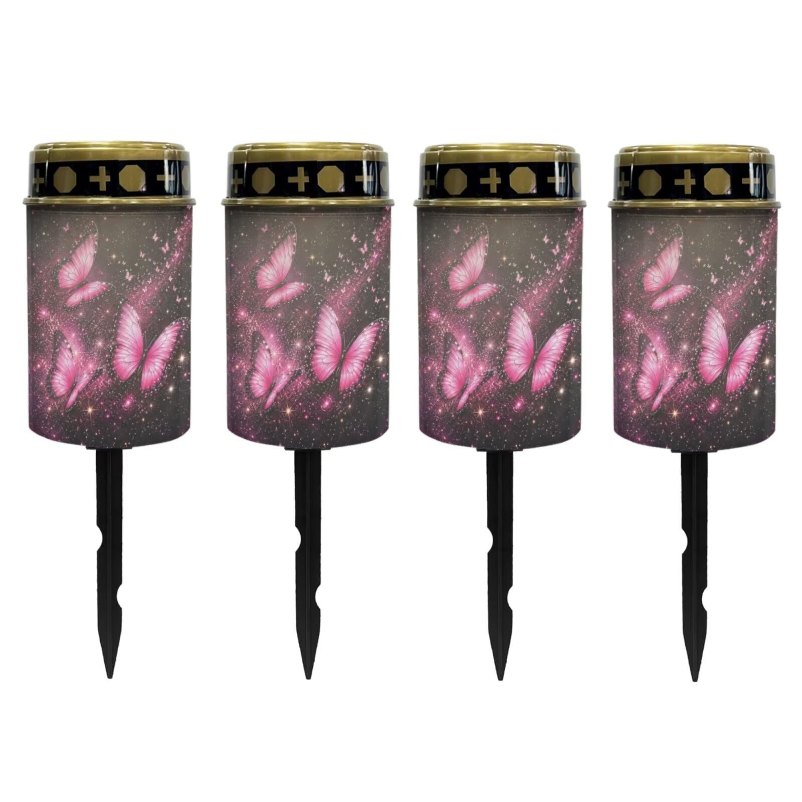 Poceacles Solar Lights Outdoor Waterproof Cemetery Candles Solar Powered Grave Outdoor Decorative Walkway Lights for Lawn Garden Pathway Decor, Pink Butterfly Galaxy, 4 Pcs
