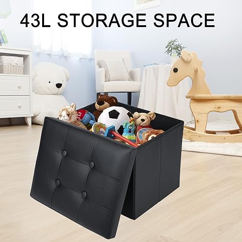 Miniatura 7 de LotFancy Otomana de almacenamiento pequeña, taburete negro para reposapiés, 17 x 13 x 13 pulgadas, otomana para sala de estar, reposapiés, piel