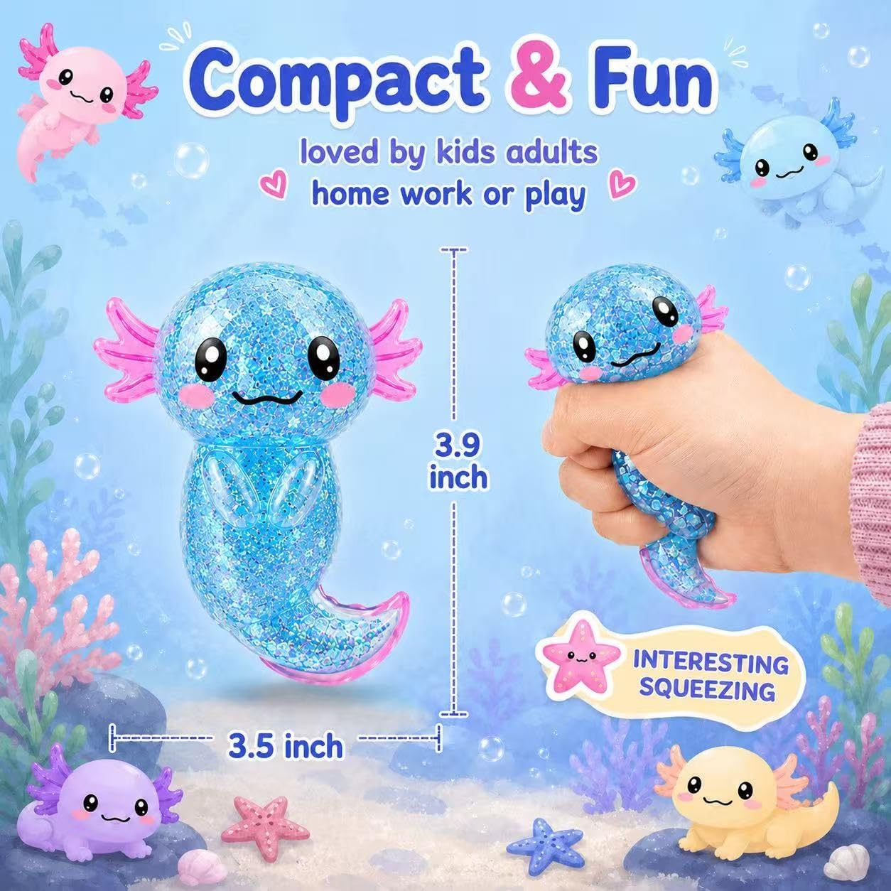 4Pack Axolotl Slow Rising Stress Ball, Cute Axolotl Stretchy Fidget Squishy Toys for Kids Adults, Stress Relief Axolotl Squishies Ideal for Autistic Kids,Birthday Party Favors Gifts