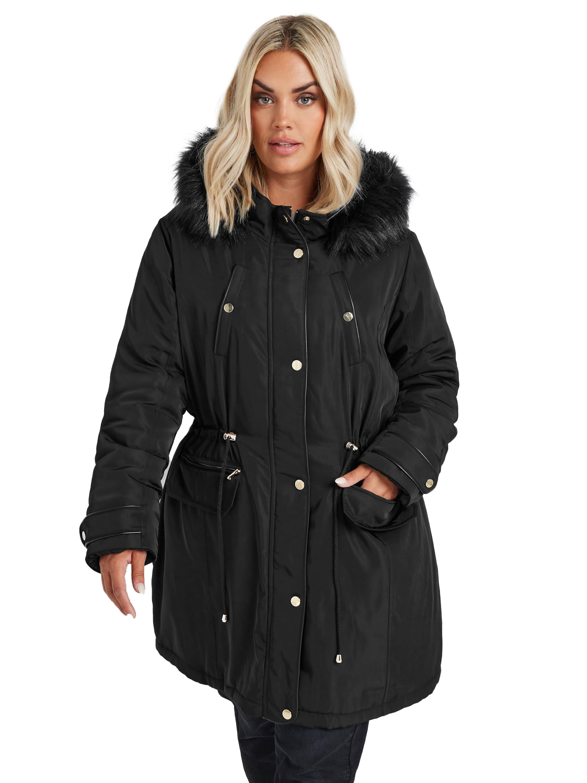 Yours Women's Black Curve Faux Fur Trim Plush Parka Jacket - Plus Size Curve