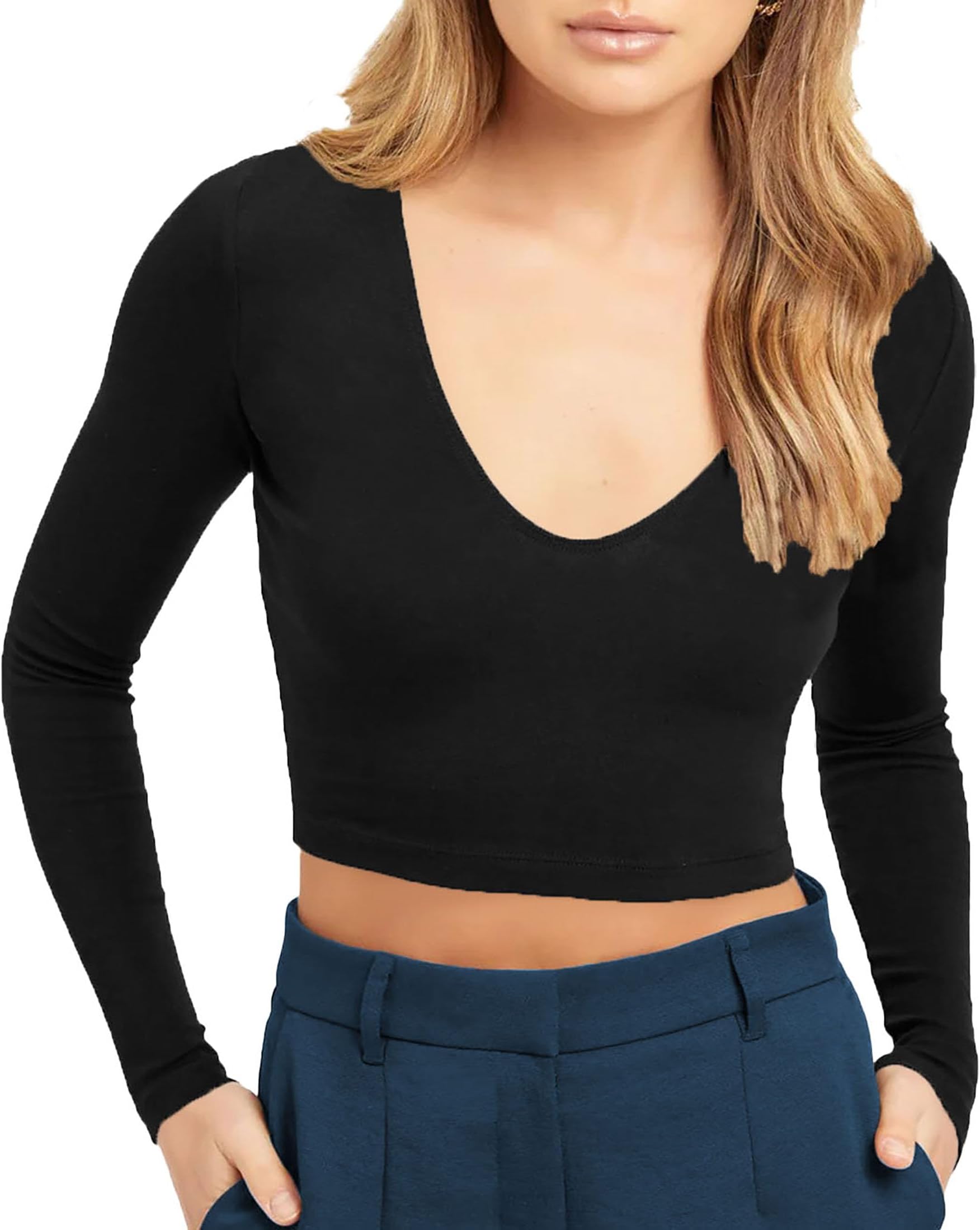 Women's Cotton Stylish Stretchable Deep V Neck Full Sleeve Crop Top T-Shirt for Women L437