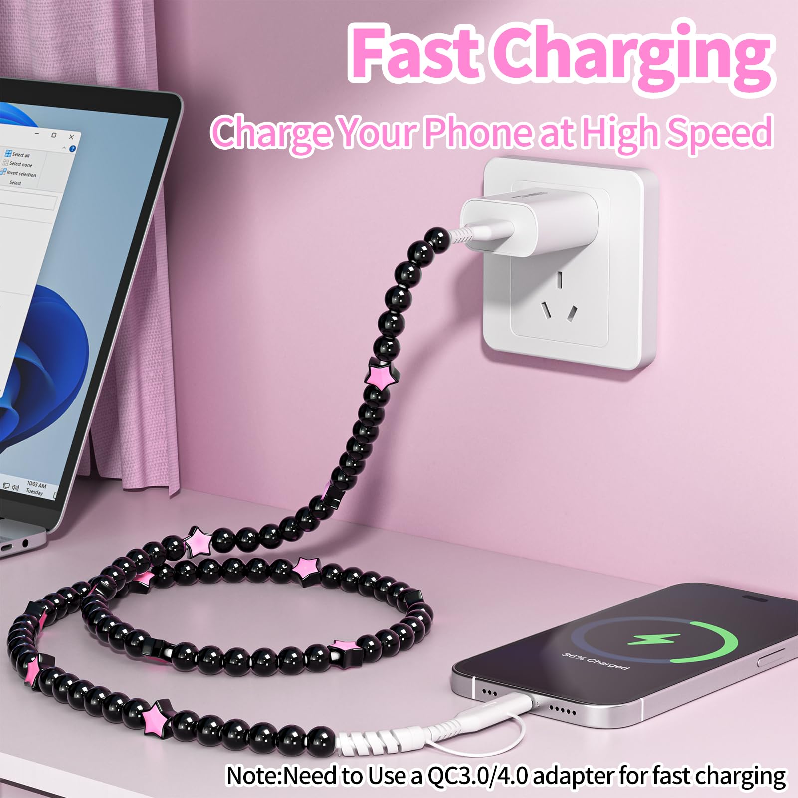 VOFUOE USB C Kabel für iPhone 17 Ladekabel USB A auf Typ C Kabel 2 in 1 Multi Ladekabel Star Beaded Charger Cable 3.3FT Fast Charging for iPhone 16/15, Galaxy S24/S25 Ultra-Black & Pink