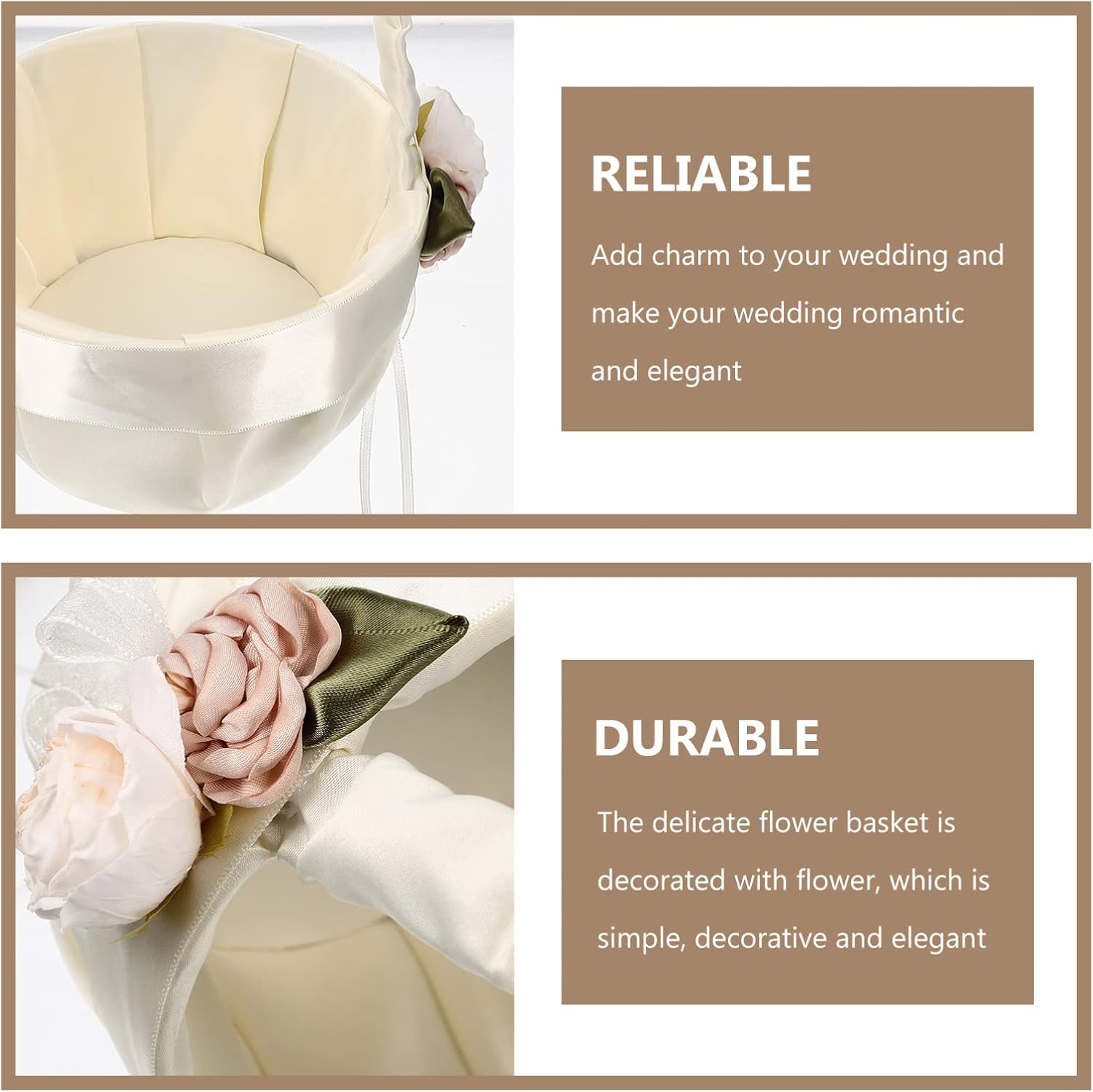 DECHOUS Wedding Flower Girl Baskets Satin Bowknot Flower Baskets Cloth Flower Satin Rose Romantic Petals Storage Baskets with Handle for Wedding Ceremony Decor Party Decor White